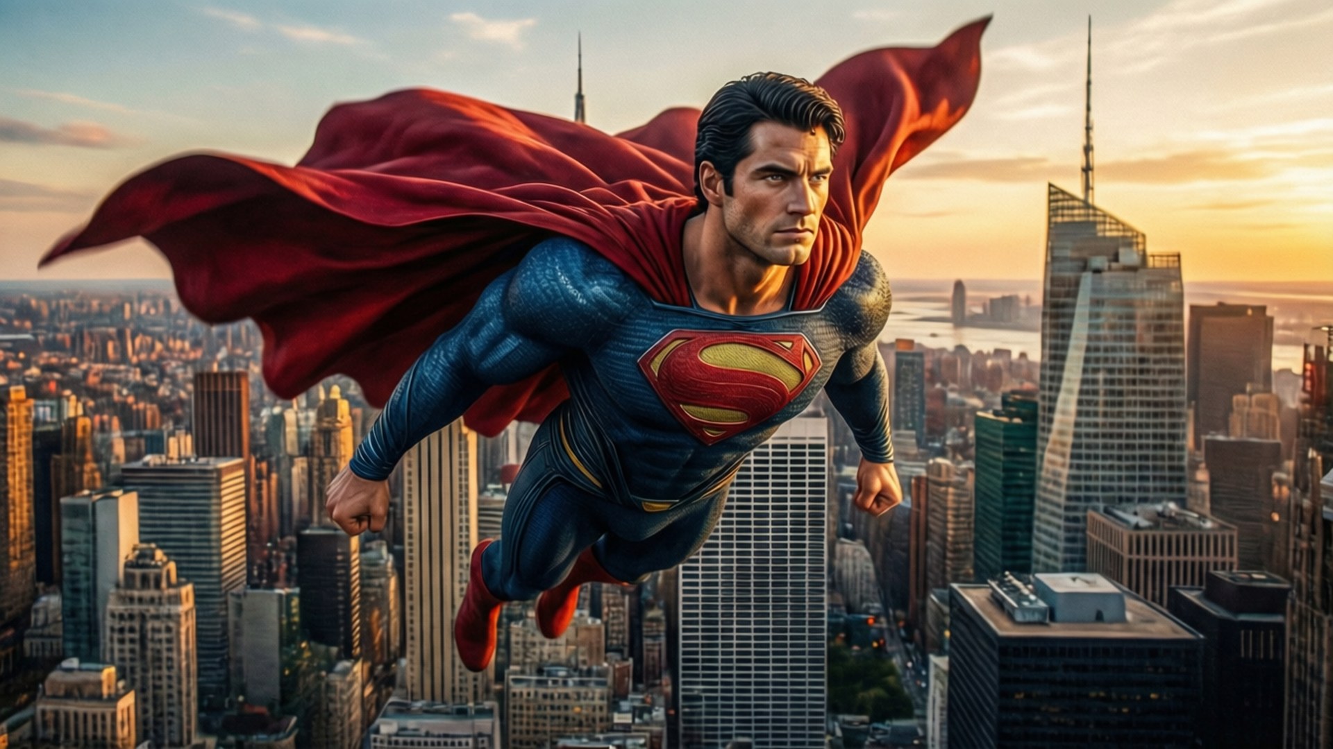 DC Animated Universe 桌布 壁紙 — 超人在日落時分在廣闊的城市天際線上空翱翔，紅色斗篷在他身後戲劇性地飄揚。