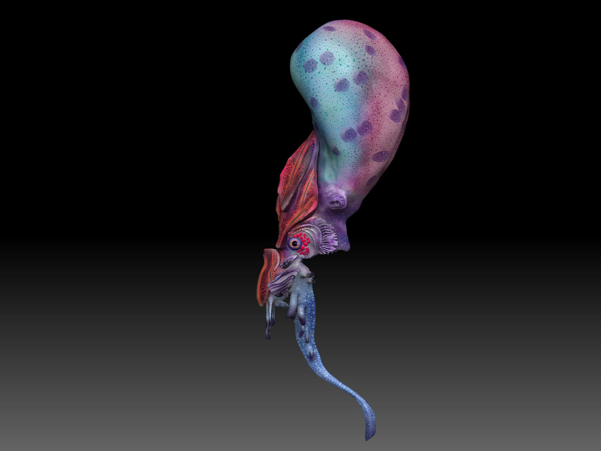  壁紙 — 一個超現實的3D渲染外星頭足類動物，帶有虹彩藍色、粉紅色和紫色斑點皮膚，漂浮在漸變黑色背景上。