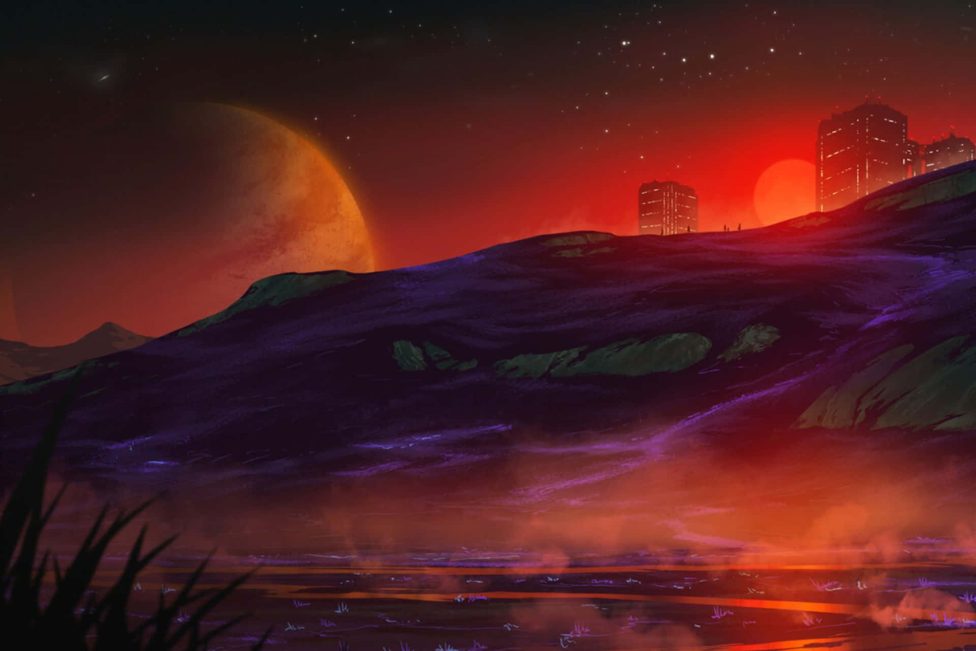  壁紙 — 一個超現實的外星景觀，在黃昏時分，發光的紅色天空、紫色山丘和遠處的未來建築，在一個巨大的橙色月亮下。