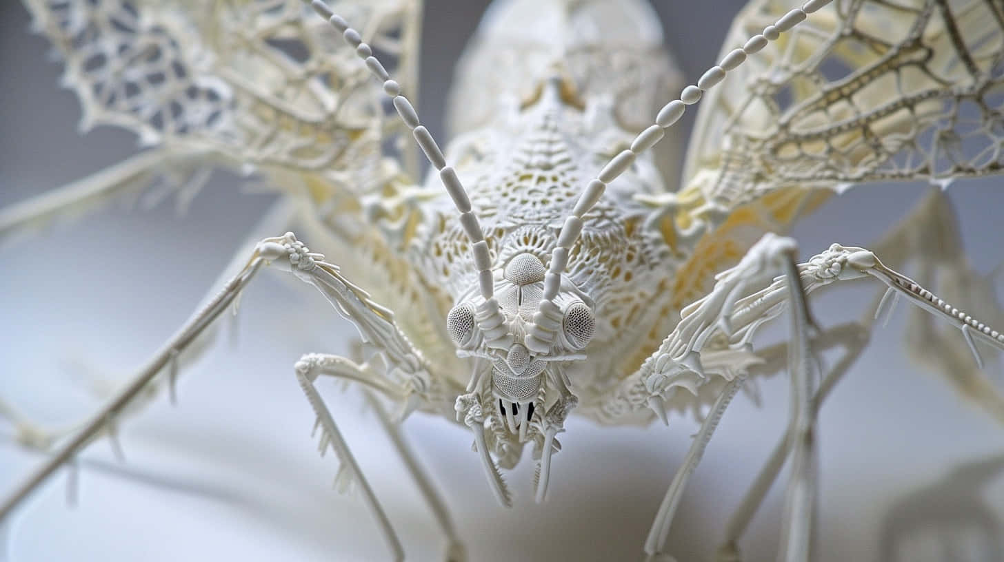  壁紙 — 一個超詳細的3D渲染白色蕾絲昆蟲雕塑，帶有複雜的翅膀和分節的肢體。