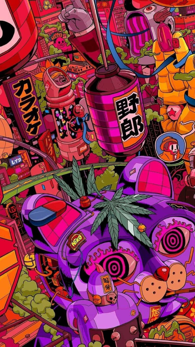 壁紙 — 一個混亂的動畫風格城市景觀，充滿霓虹粉紅、紫色和橙色色調，帶有超大的卡通物體和日文字句。