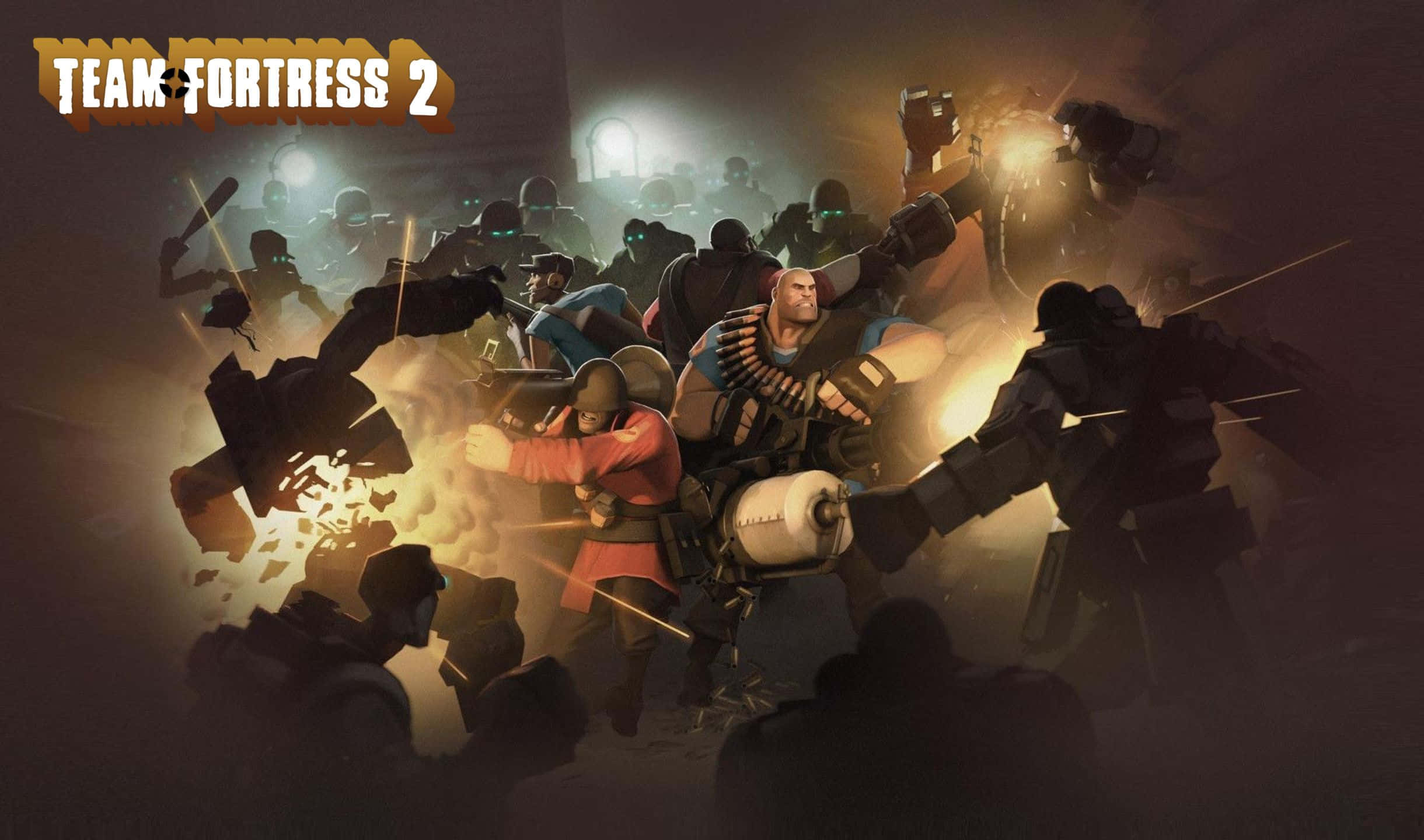 2440x1440 Tf2 桌布 壁紙 — 《Team Fortress 2》中混亂的戰鬥場景，角色在爆炸和煙霧中開火。