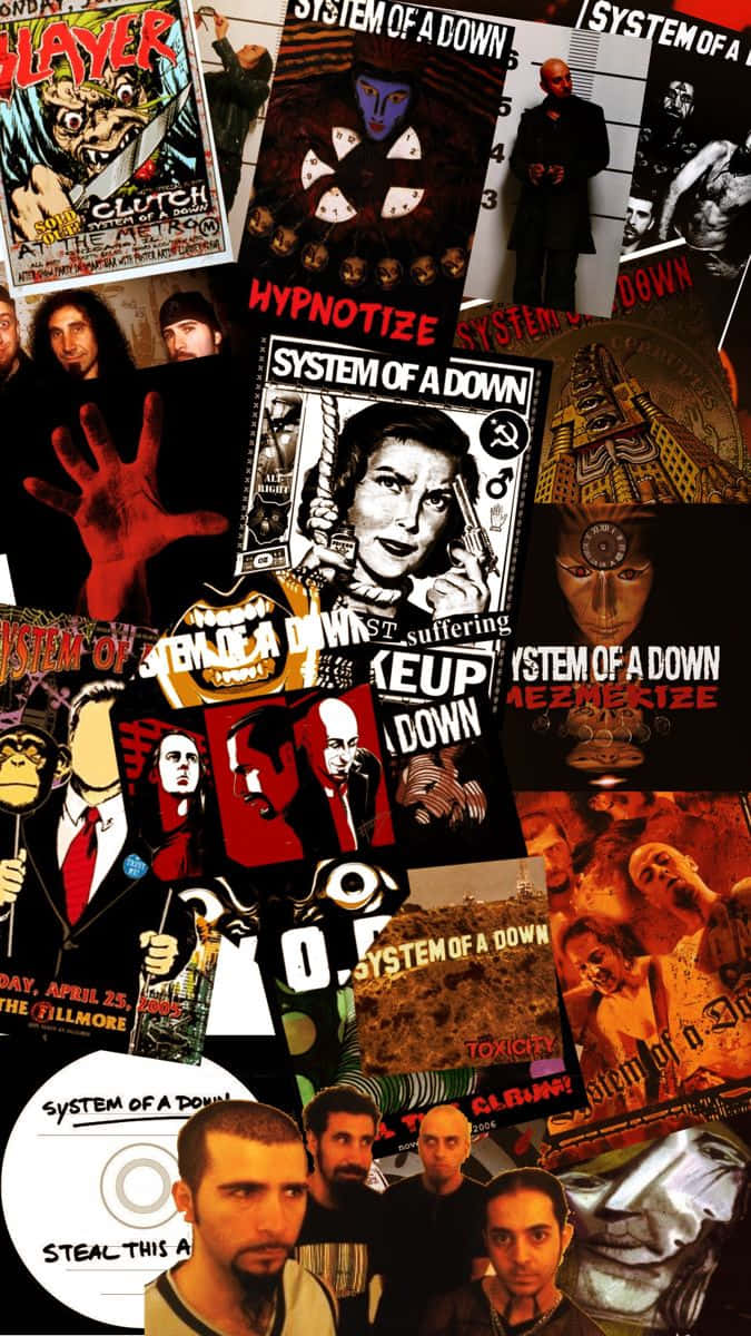  壁紙 — System of a Down 專輯封面和樂團照片的混亂拼貼，以粗糙的黑、紅和金色調呈現。