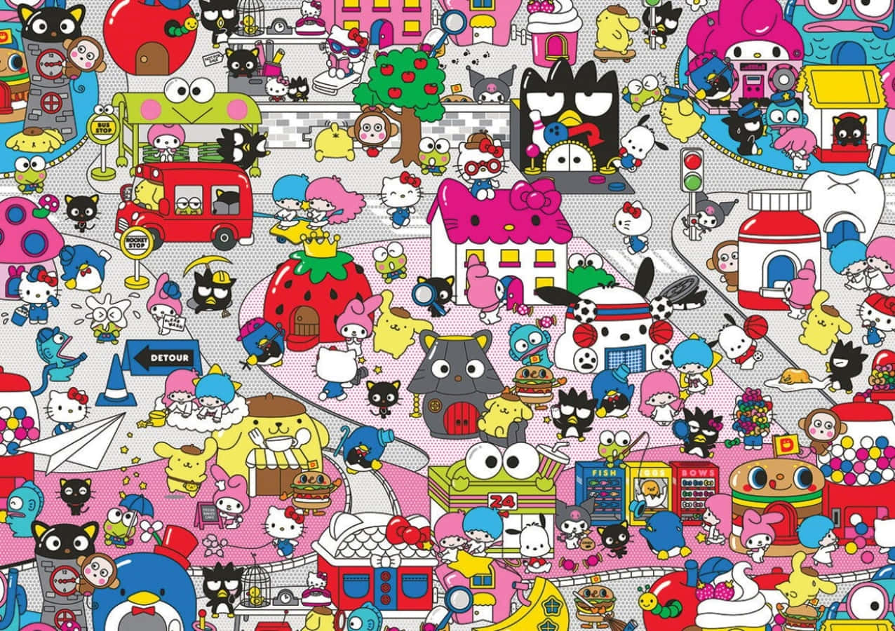 一個充滿Hello Kitty和Sanrio角色的充滿活力的卡通小鎮，在繁忙的街景中。 — Hello Kitty 壁紙