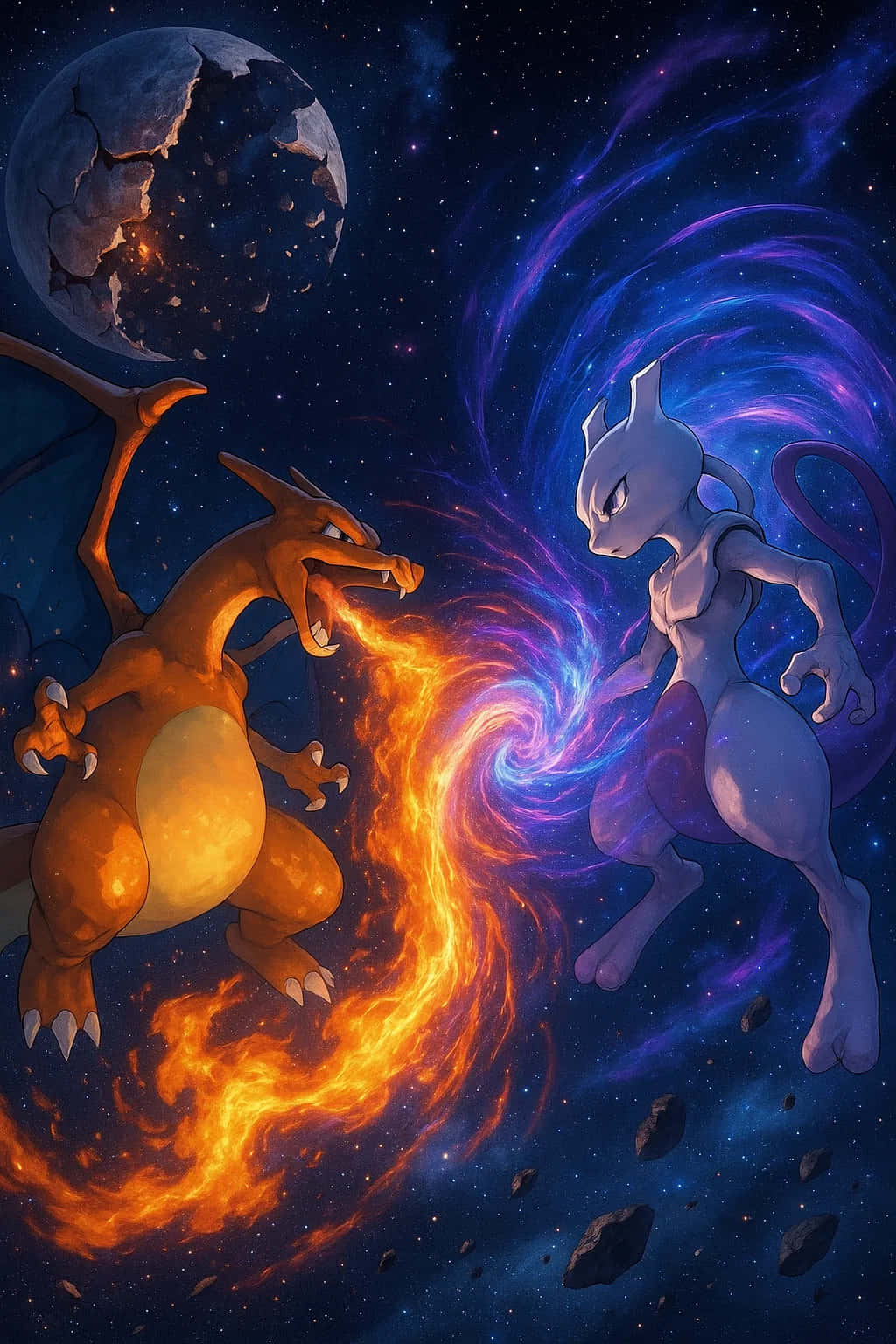 Charizard Pokemon HD Wallpaper WEBP 4K Background Download 壁紙 — Charizard 向 Mewtwo 噴火，在星際和破碎的月亮中進行宇宙戰鬥。