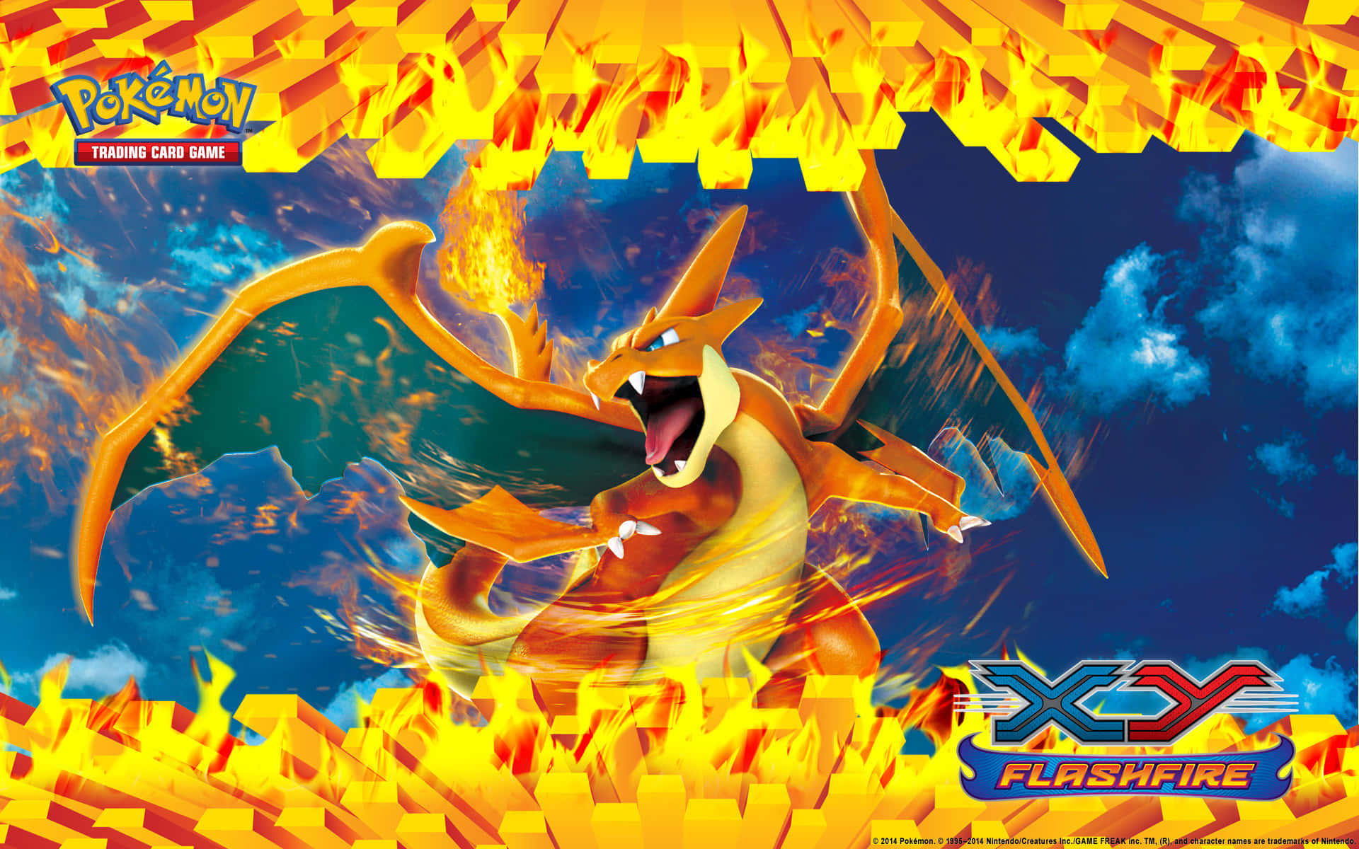 Pokemon Card 桌布 壁紙 — Charizard 在戲劇性的藍天白雲背景下，於熾熱的爆炸中咆哮。