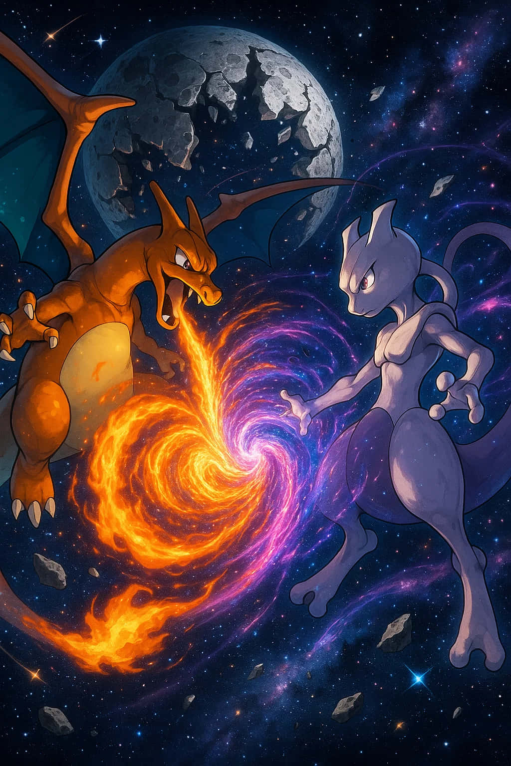 Charizard Pokemon HD Wallpaper WEBP 4K Background Download 壁紙 — Charizard 與 Mewtwo 在太空對決，互相發射火焰和超能力能量光束，背景是破碎的月亮和星空。