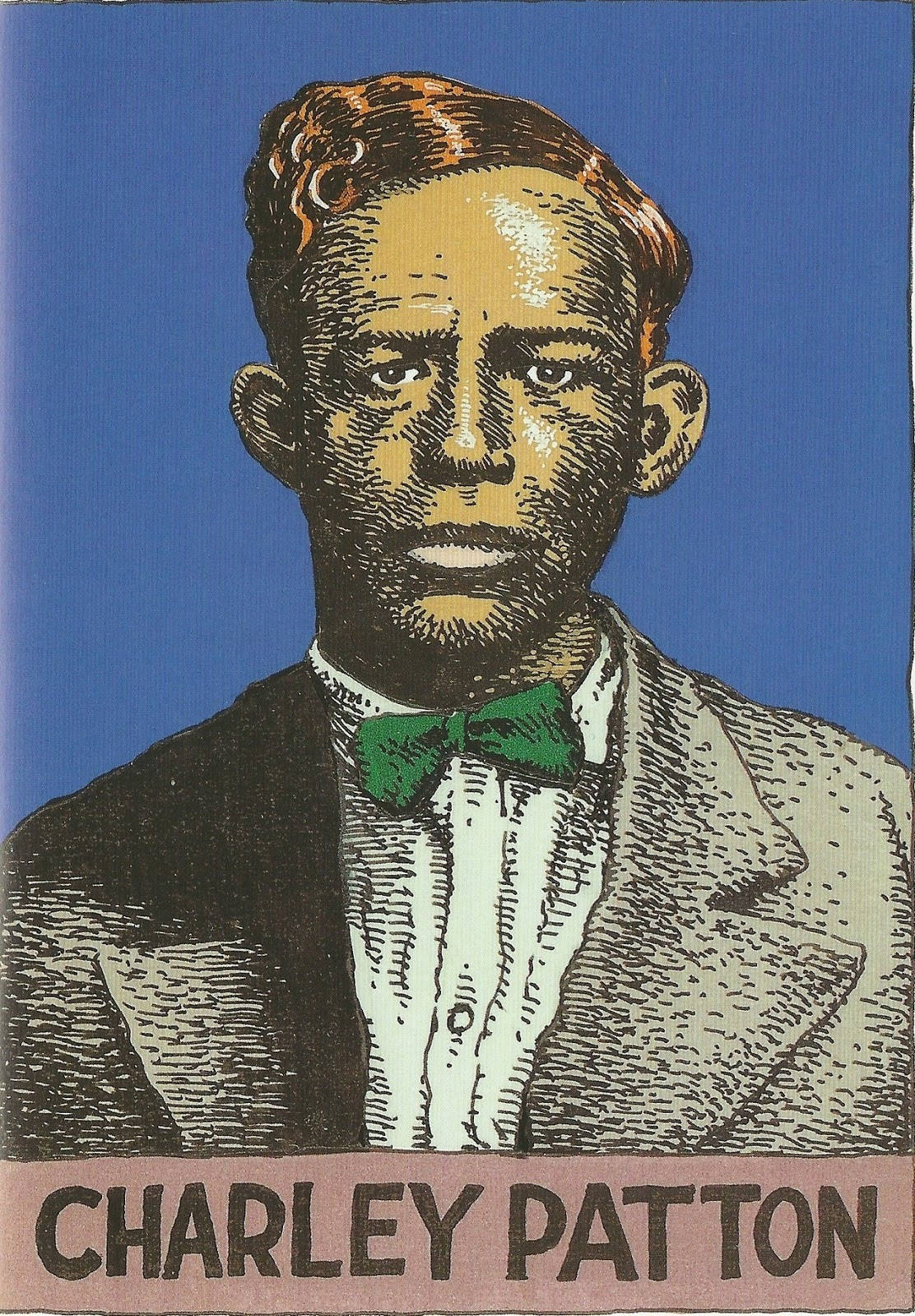 artwork 桌布 壁紙 — Charley Patton 的風格化肖像，身穿西裝和綠色領結，背景為純藍色，下方有文字。