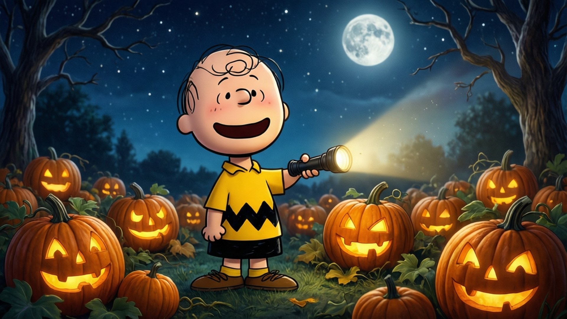 Waiting for the Great Pumpkin 壁紙 — 查理布朗在滿月下用電筒照射發光南瓜田，滿心歡喜。