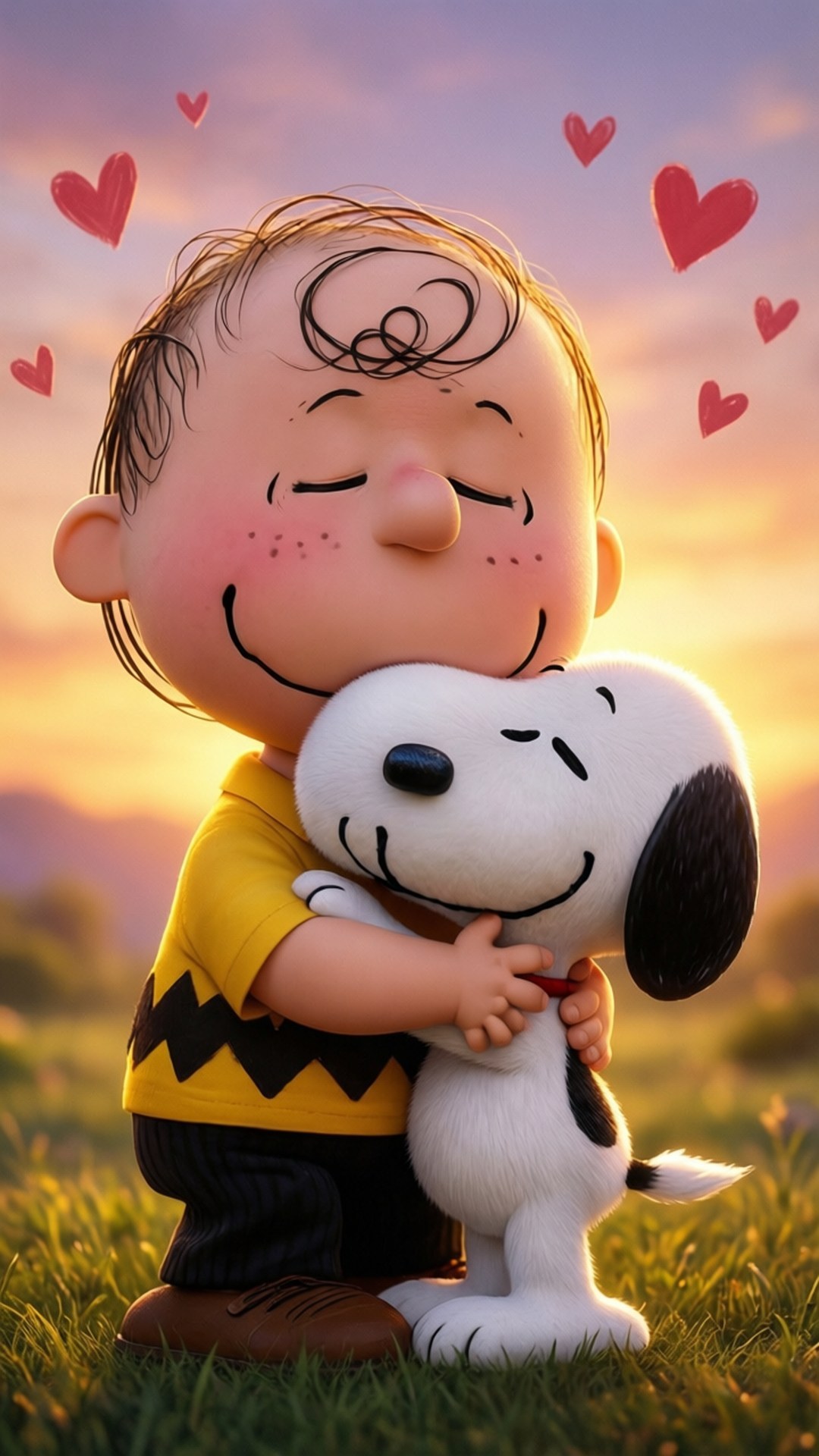 Heartfelt Hug 壁紙 — 查理布朗在草地上擁抱史努比，愛心在溫暖的日落天空中飄浮。