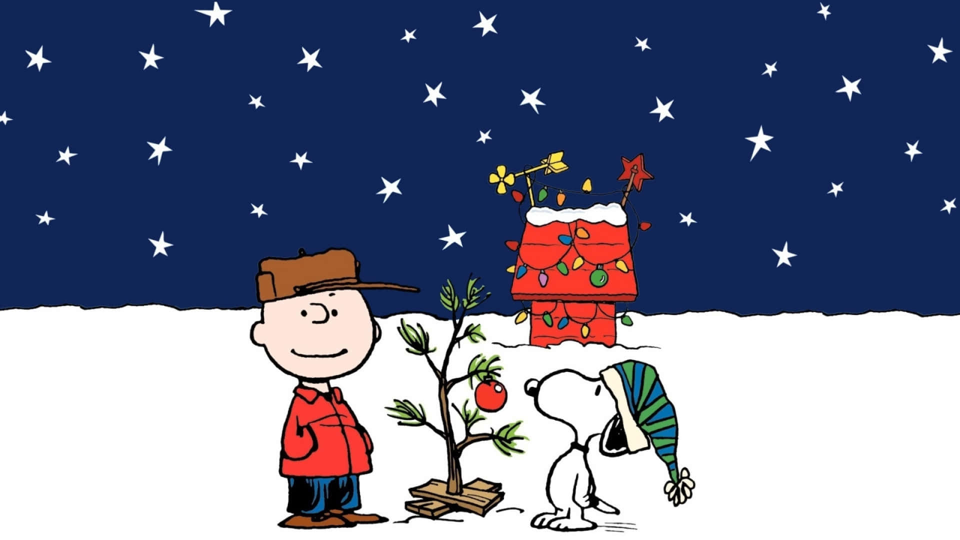 史努比 桌布 壁紙 — Charlie Brown 和 Snoopy 在繁星點點的冬日天空下裝飾一棵小聖誕樹，背景是 Snoopy 的狗屋。