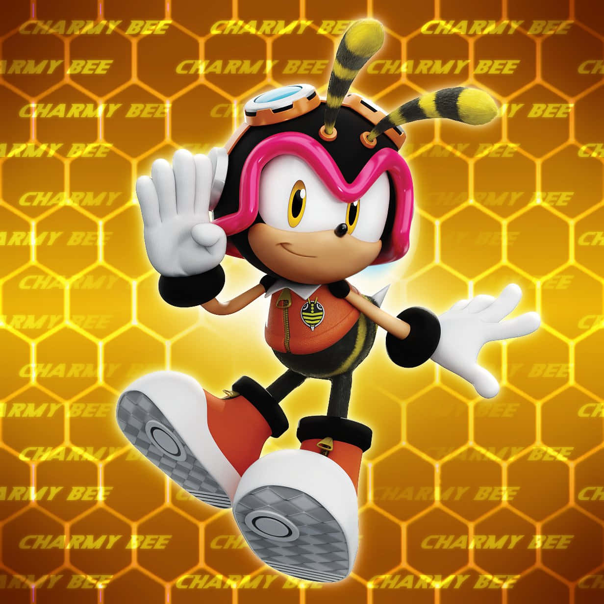 Charmy Bee 桌布 壁紙 — Charmy Bee，一個開心的動畫蜜蜂角色，在發光的金色蜂巢背景下熱情地揮手。