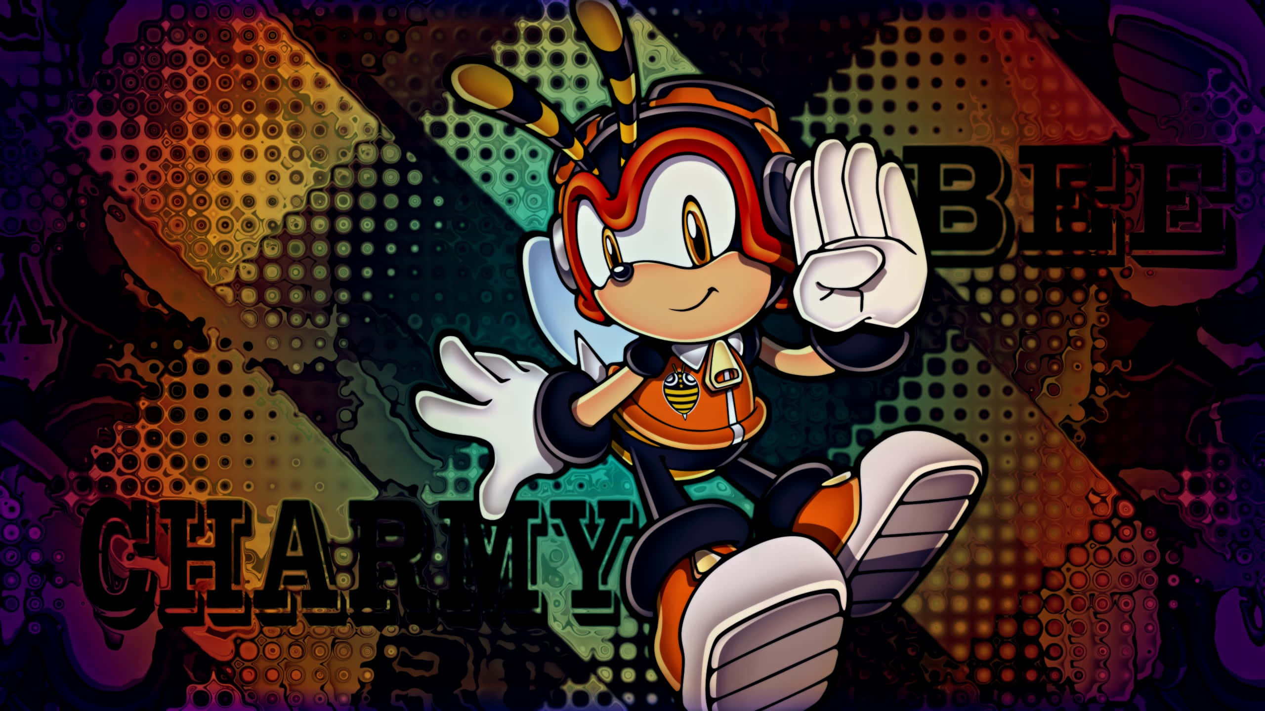 Charmy Bee 桌布 壁紙 — Charmy Bee 從《音速小子》中精力充沛地跳躍，背景是鮮豔的漸變色和粗體文字。