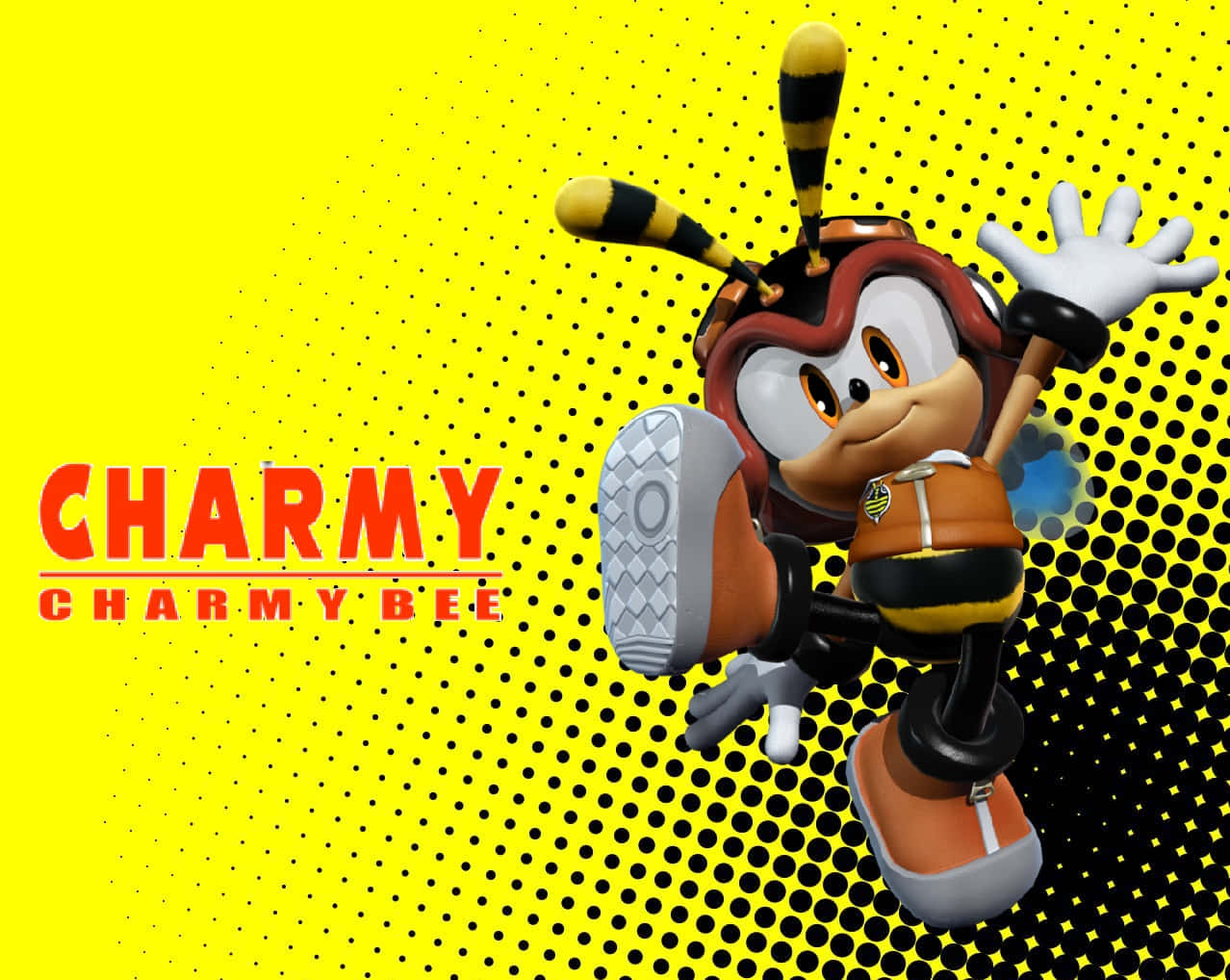 Charmy Bee 桌布 壁紙 — Charmy Bee 身穿橙色和黑色裝備，在充滿活力的黃色半色調背景上，伴隨著粗體紅色文字歡樂跳躍。