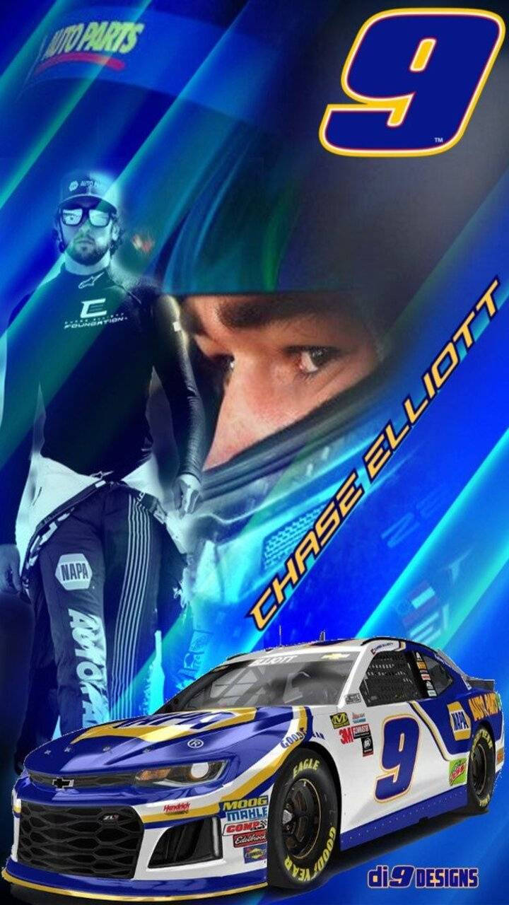Chase Elliott 桌布 壁紙 — Chase Elliott 身穿賽車裝備，他的藍白色9號車主導了動感的藍黃色圖形設計。