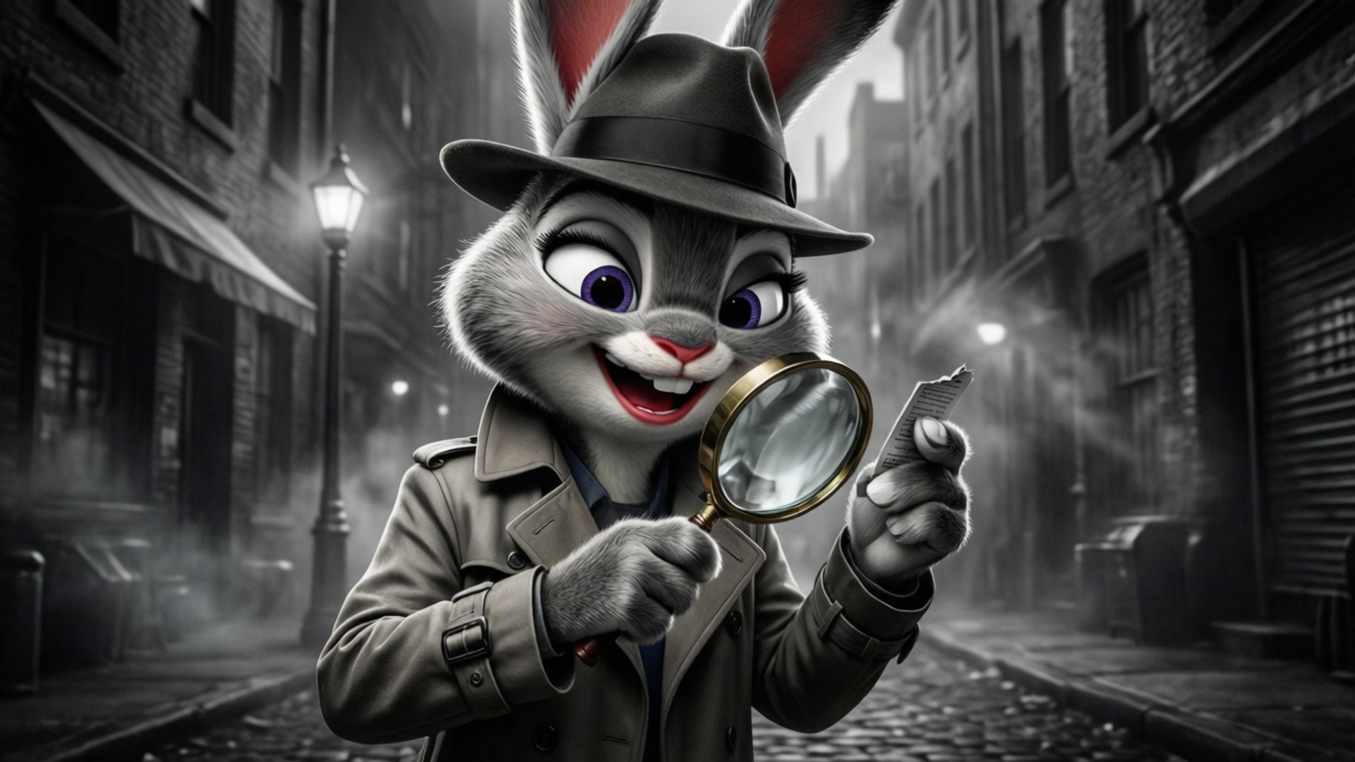 Detective Lola Bunny 壁紙 — 一隻穿著風衣和軟呢帽的開心動畫兔子偵探，在霧氣瀰漫的黑色電影風格街道上，透過放大鏡檢查一張便條。