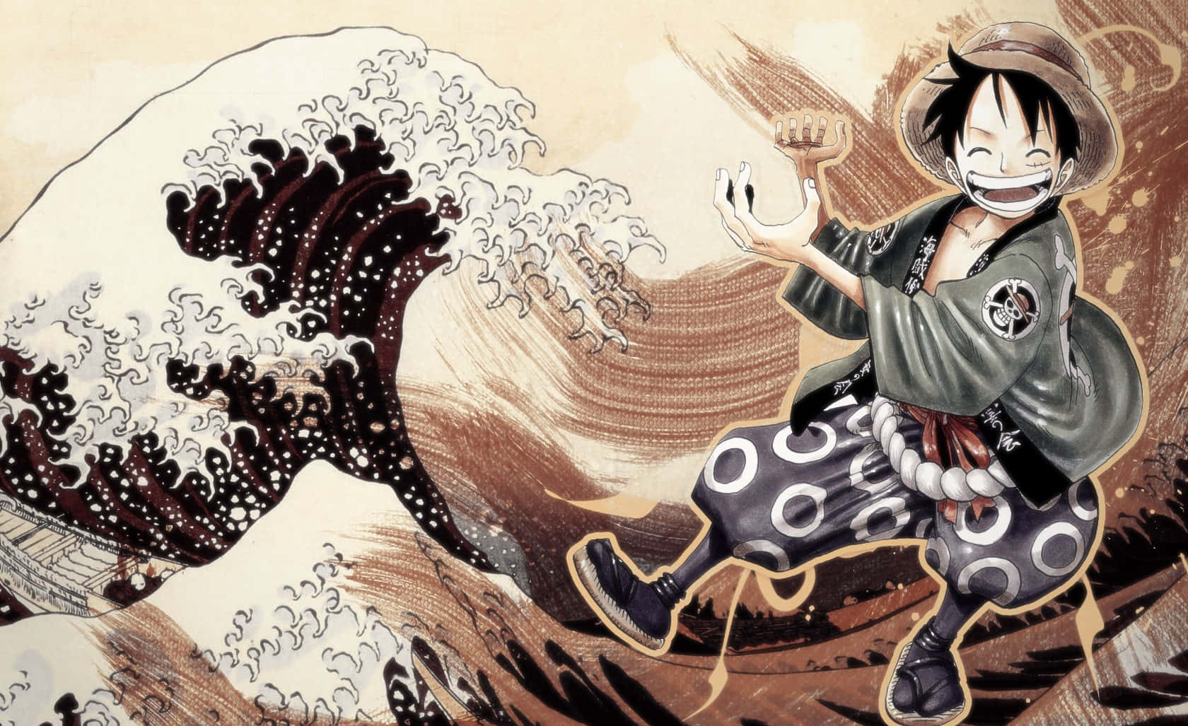  壁紙 — 一個戴著草帽的開朗動畫男孩在一個受葛飾北齋《神奈川沖浪裏》啟發的巨大風格化波浪旁動態跳躍。
