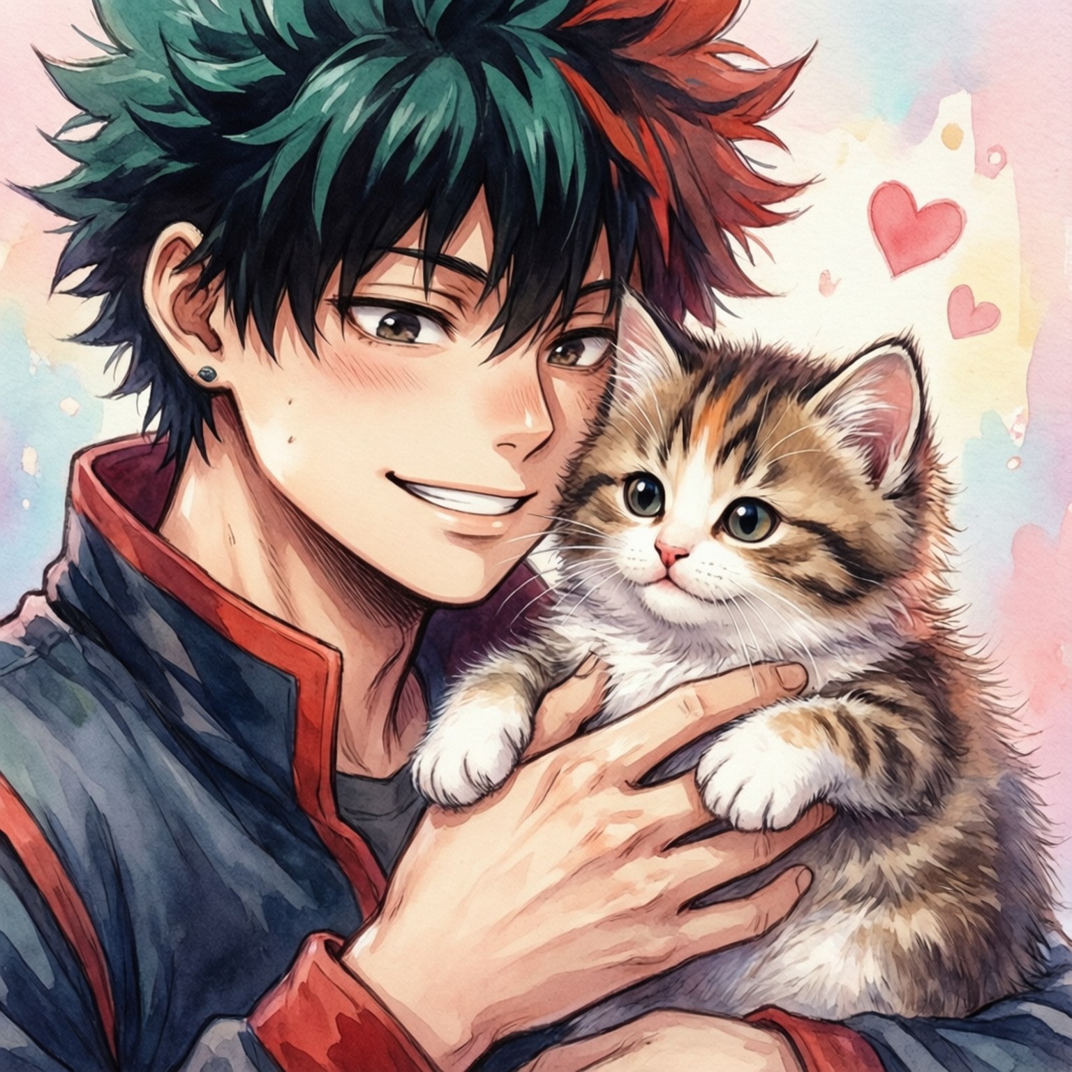 Bakugou with Kitten 壁紙 — 一個開心的動畫男孩，擁有綠色和紅色頭髮，溫柔地抱著一隻毛茸茸的虎斑小貓，背景是柔和的粉彩和漂浮的心形。