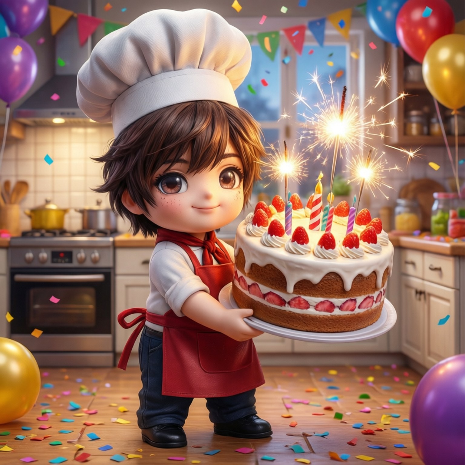Birthday Cake Chef 壁紙 — 一個開心的動畫風格小廚師在充滿氣球和五彩紙屑的節日廚房裡自豪地展示一個帶有煙火的草莓蛋糕。