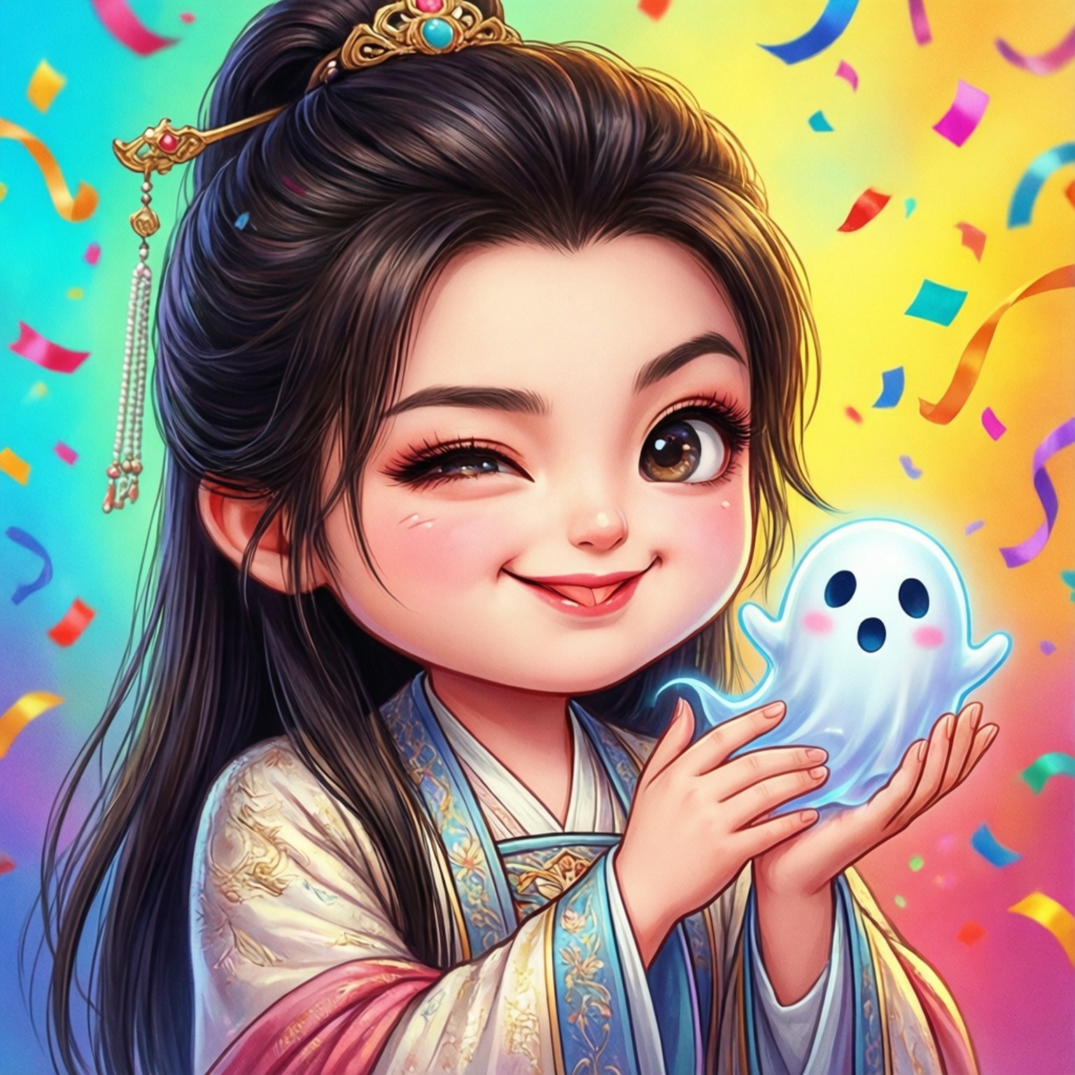 Playful Ghost 壁紙 — 一個穿著傳統長袍的開朗動畫風格女孩，在充滿五彩紙屑的彩虹背景前，輕輕抱著一個發光的藍色幽靈。