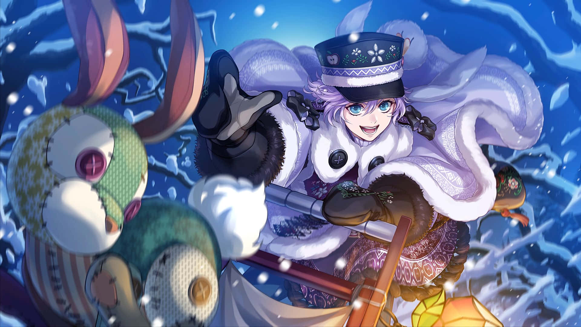  壁紙 — 一個穿著冬季外套和帽子的開朗動畫女孩，在藍色雪景背景下，在一個奇特的雪覆蓋生物旁邊揮手。
