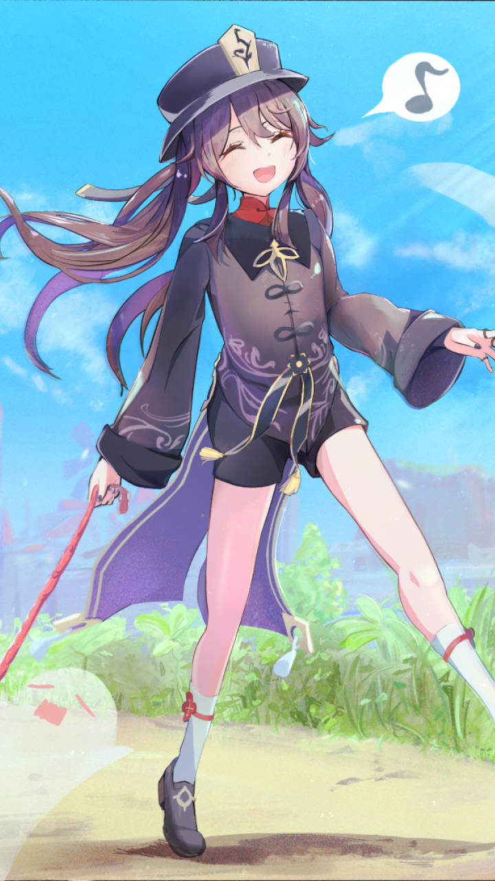 穿著紫色服裝的動漫女孩在天空下與音符一起跳舞 — 原神手機壁紙 壁紙