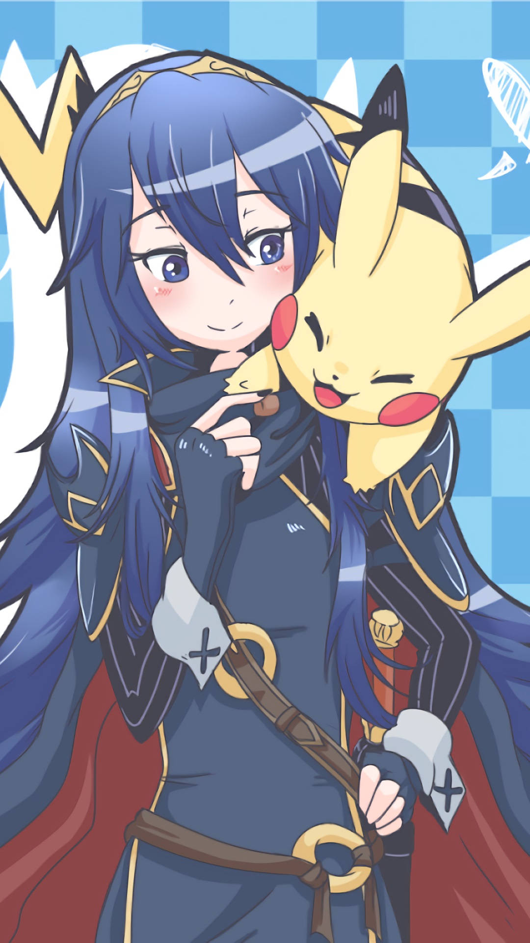 穿著藍色盔甲的動漫女孩在藍色格子背景前擁抱皮卡丘。 — Fire Emblem Warriors 壁紙
