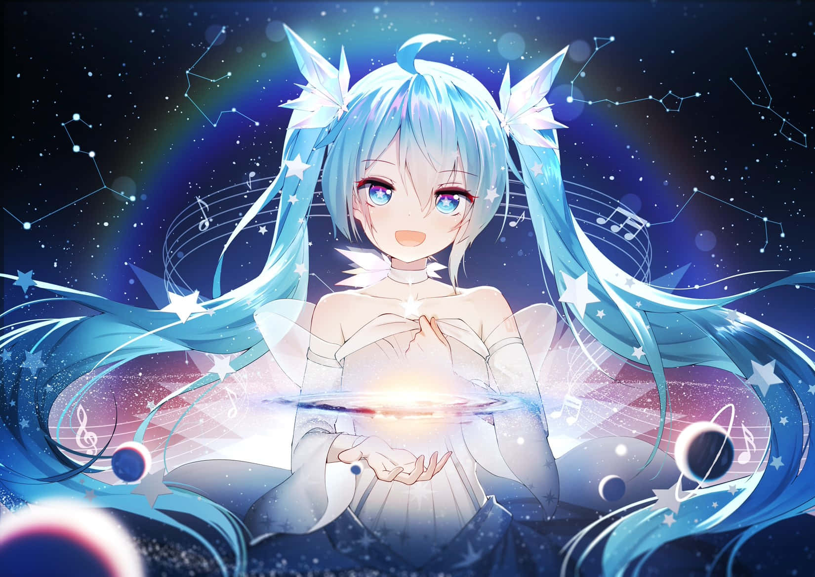  壁紙 — 一個開心的動漫女孩，藍色頭髮和星星形狀的飾品，在充滿星座和音符的宇宙背景中抱著一個發光的球體。