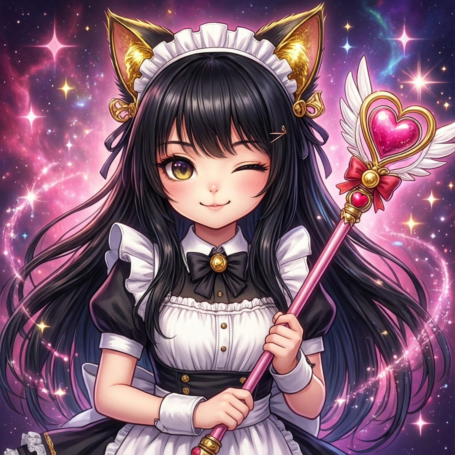 Magical Maid Cat 壁紙 — 一個開心的動漫女孩，有貓耳朵和長長的黑髮，拿著心形魔杖，在閃爍的宇宙粉紅色背景上眨眼。