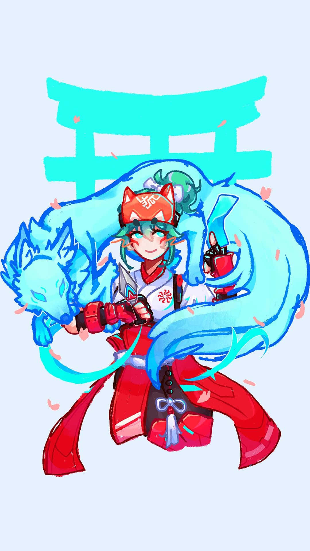  壁紙 — 一個開心的動漫女孩，長著狐狸耳朵，還有一隻藍色狐狸同伴，站在一個青綠色的鳥居前，背景是柔和的淺藍色。