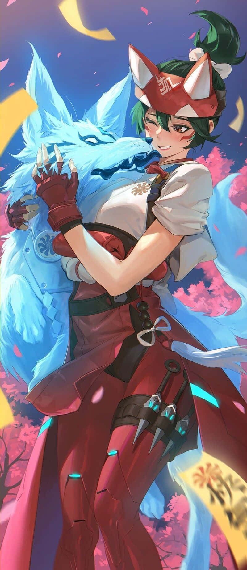  壁紙 — 一個開心的動漫女孩，長著狐狸耳朵，和一隻藍色狐狸同伴站在新月下飄落的櫻花中。