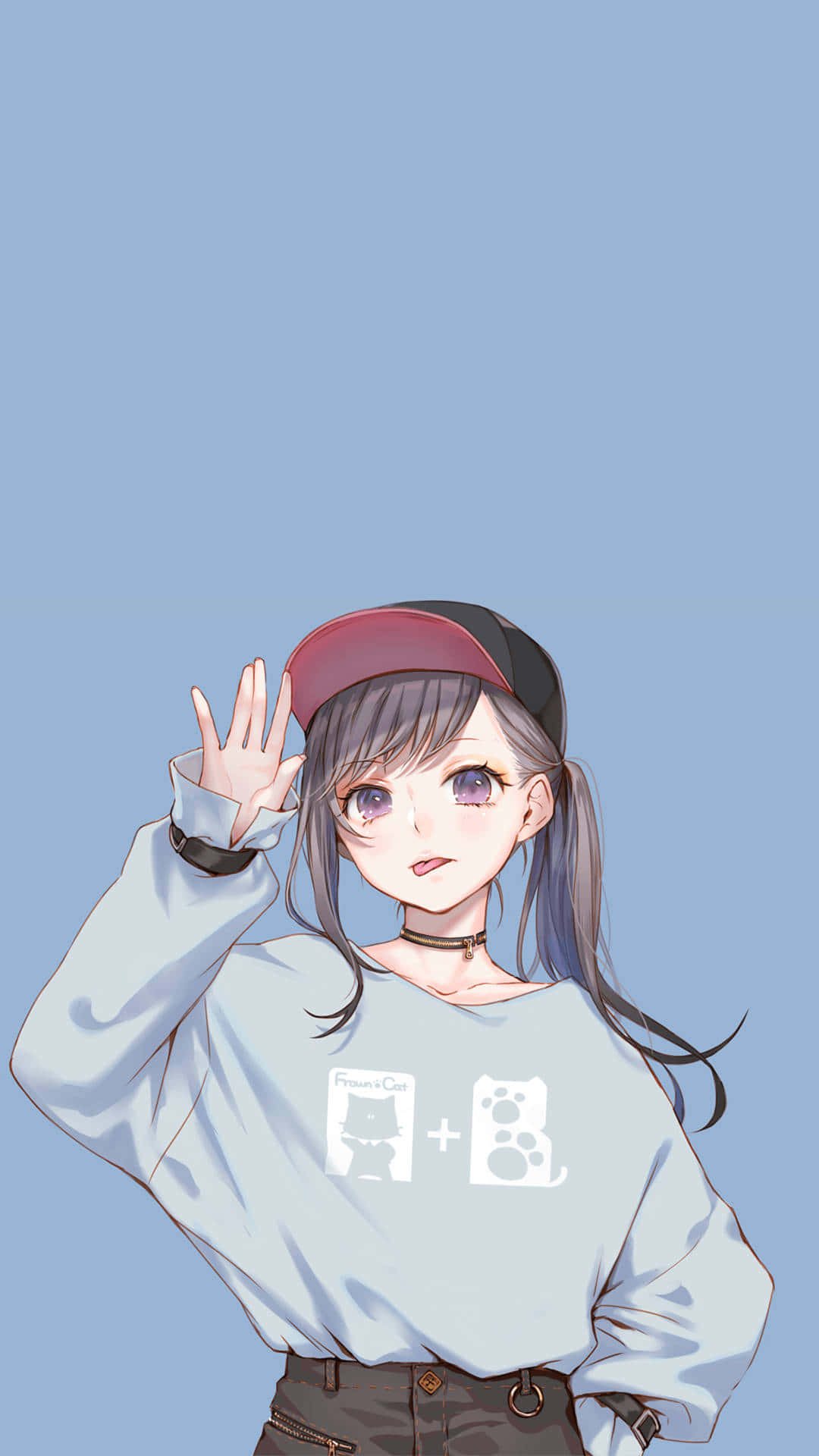  壁紙 — 一個開心的動畫女孩，灰色頭髮和紫色眼睛，在純淺藍色背景前快樂地揮手。
