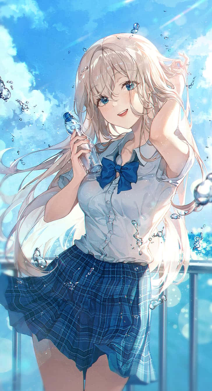  壁紙 — 一個開心的動漫女孩，長長的金髮，穿著藍色格子裙，在明亮的藍天下拿著水壺，周圍有氣泡漂浮。