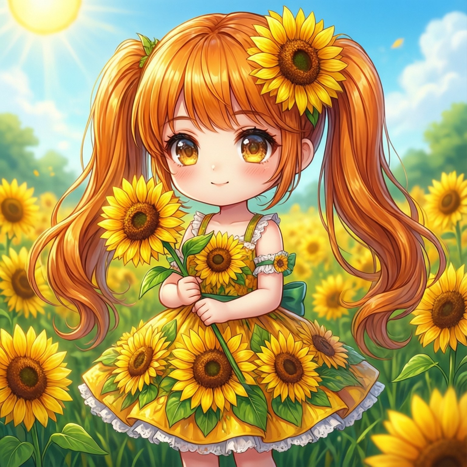 Sunflower Chibi 壁紙 — 一個開心的動漫女孩，橙色辮子，頭髮上插著向日葵，站在陽光明媚的田野裡，拿著向日葵，穿著向日葵裙子。