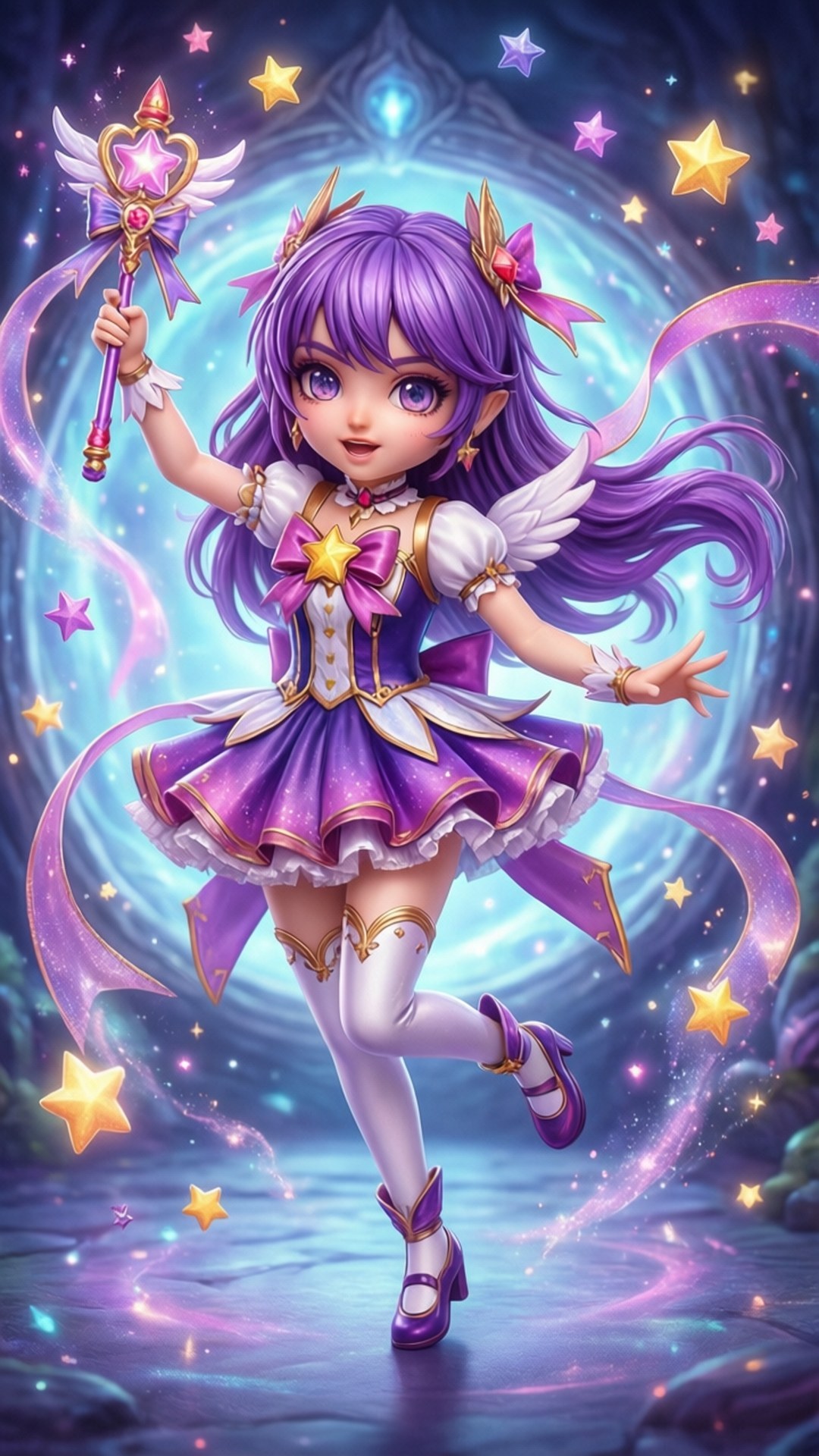 Magical Girl Transformation 壁紙 — 一個開心的動畫風格女孩，紫色頭髮和翅膀，在漂浮的星星和發光的宇宙漩渦中揮舞著星形魔杖。