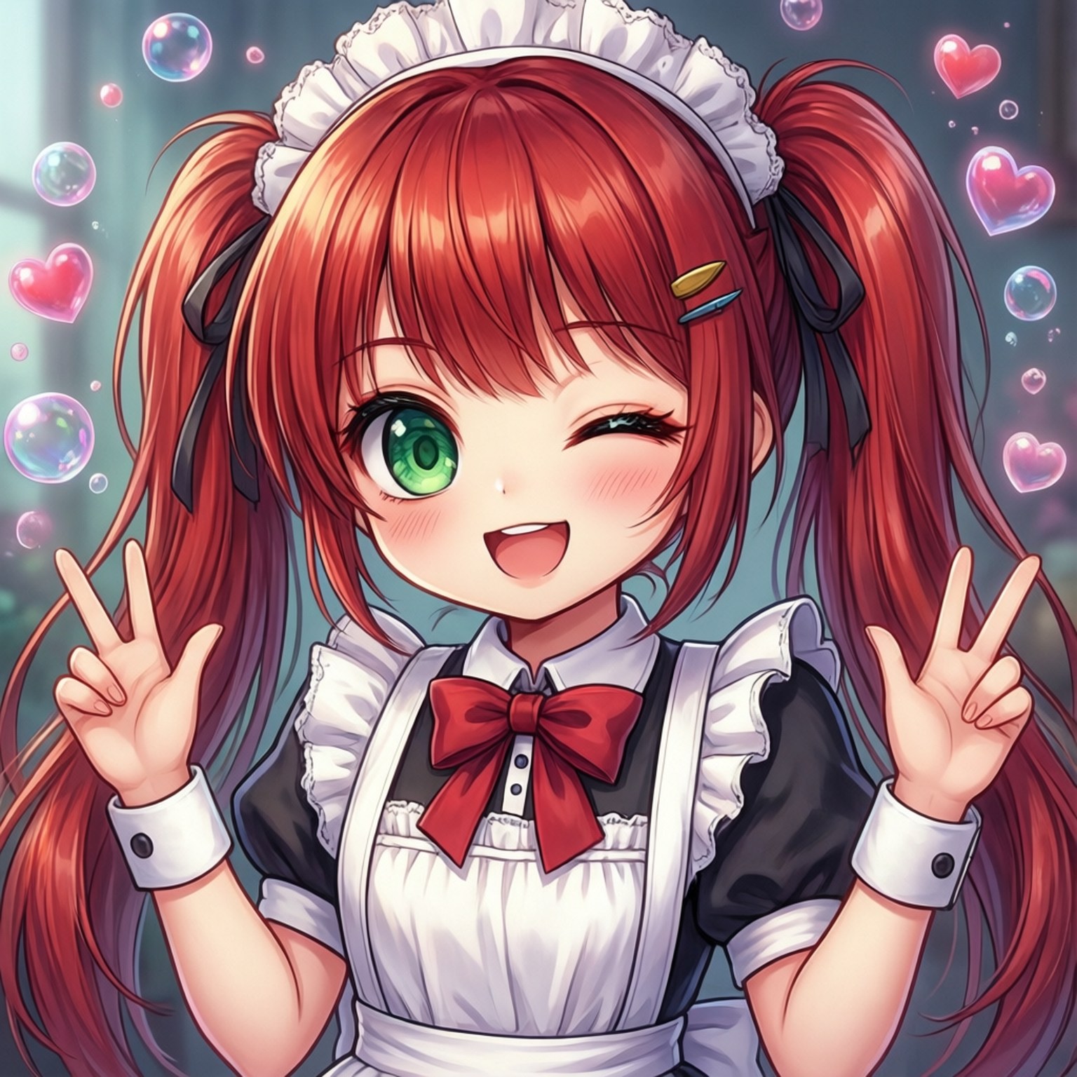 Red Twin Tails Maid 壁紙 — 一個開心的動漫女孩，紅髮綠眼，穿著女僕裝，眨眼並做出和平手勢，周圍環繞著泡泡和愛心。