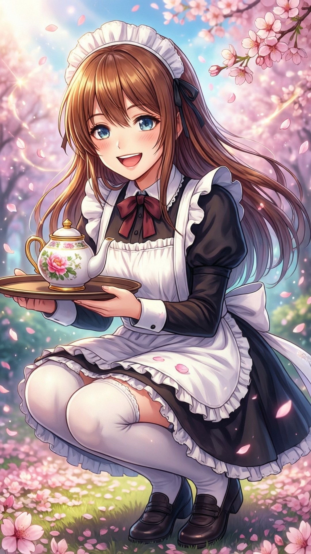 Aletta's Curtsy 壁紙 — 一位開心的動漫女僕，棕色頭髮藍色眼睛，跪在櫻花園中，托盤上拿著一個花卉茶壺。