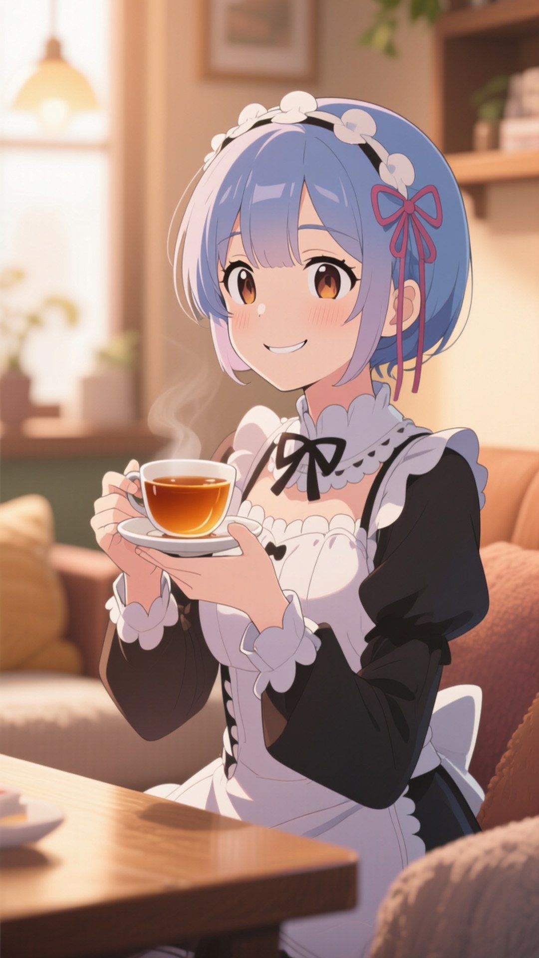 Rem's Tea Time 壁紙 — 一位開心的動漫女僕，藍色頭髮，白色圍裙，在舒適的咖啡館裡微笑著拿著一杯冒熱氣的茶。