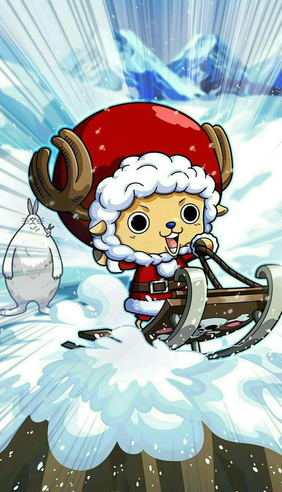  壁紙 — 一隻戴著紅色聖誕帽的開心動漫羊，愉快地乘坐雪橇穿過雪山，旁邊有一隻白兔。