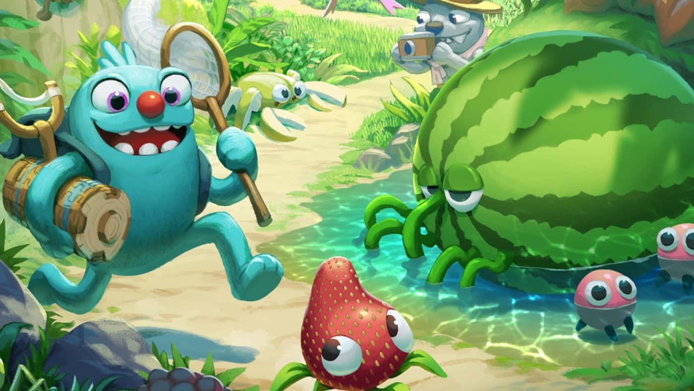  壁紙 — 一隻開心的藍色怪獸拿著網球拍跑過一個西瓜章魚和一個草莓生物，在充滿活力的叢林溪流中。