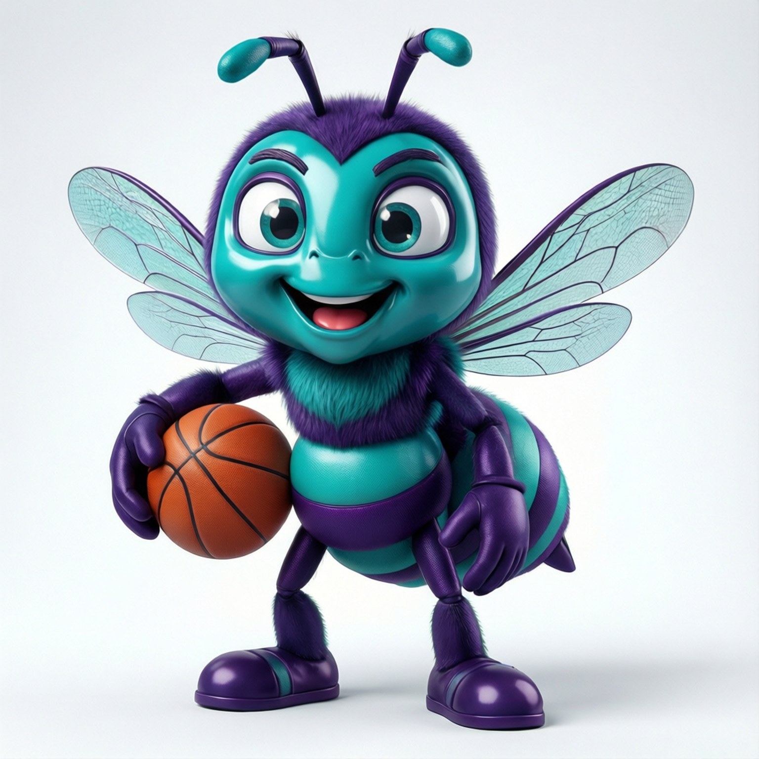 Hugo Mascot 3D 壁紙 — 一隻快樂的卡通蜜蜂，擁有藍綠色和紫色的毛，在純白色背景上拿著一個橙色的籃球。