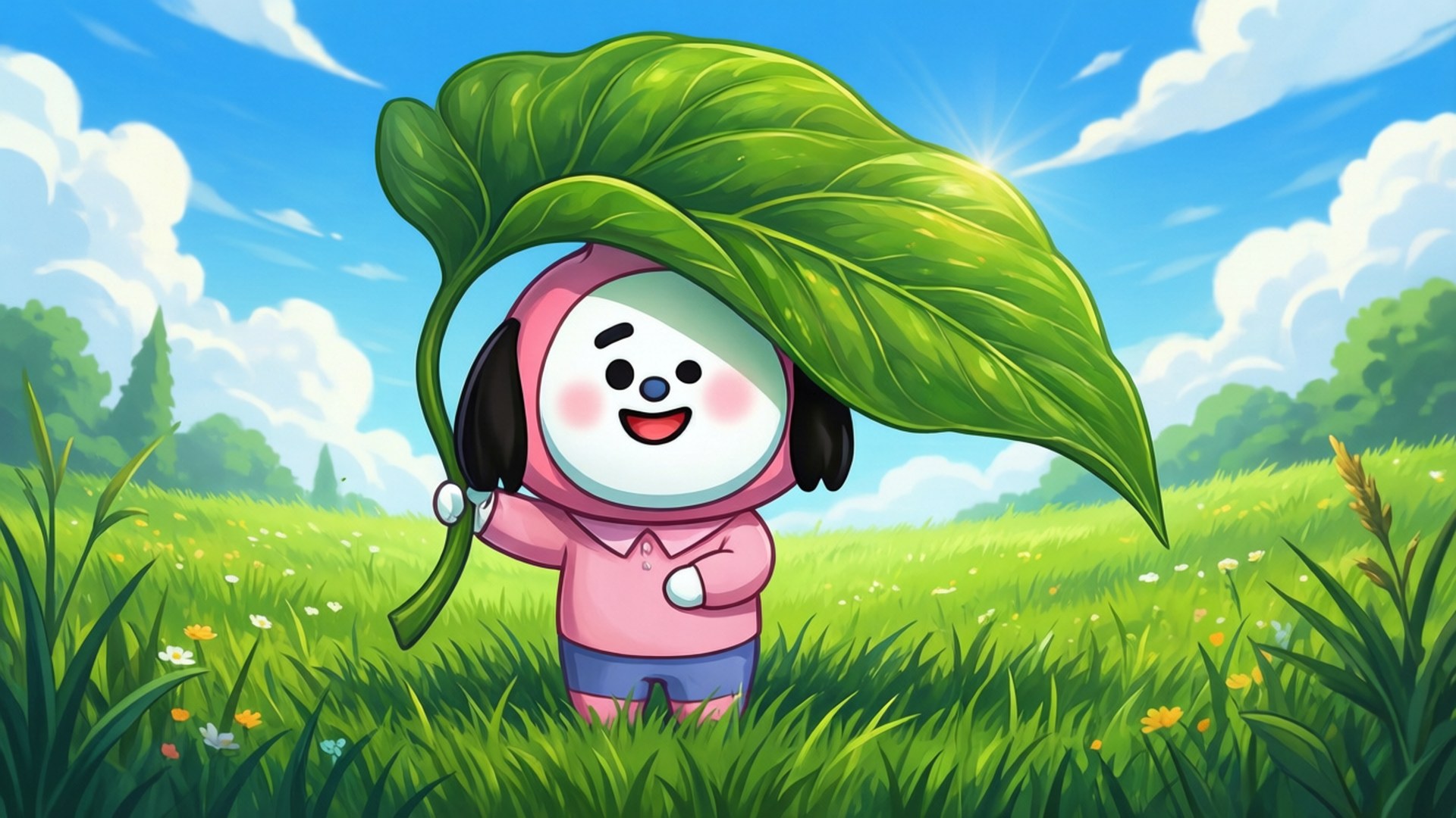 Leafy Fun 壁紙 — 一個穿著粉紅色服裝的快樂卡通角色在陽光明媚的草地上拿著一片巨大的綠色葉子當作雨傘。