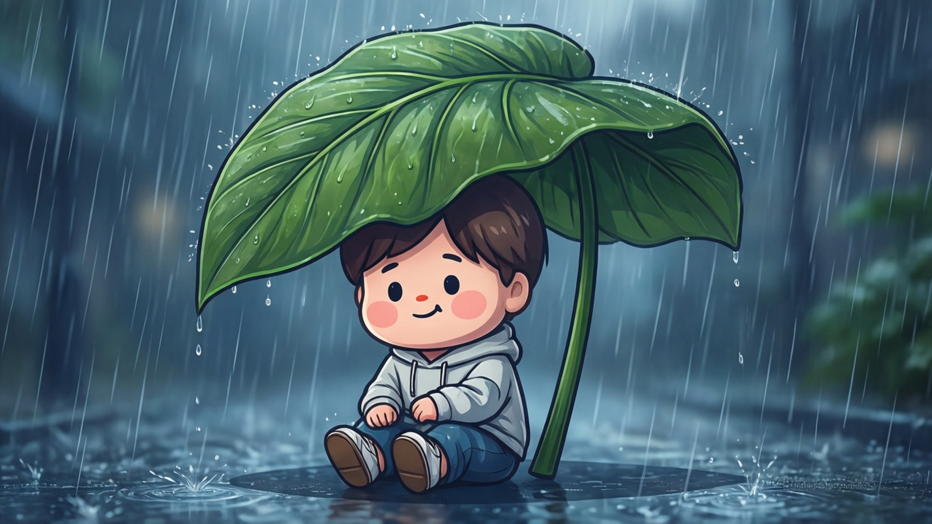 Rainy Day Koya 壁紙 — 一個開心的卡通小孩坐在一個巨大的綠色葉子雨傘下，雨滴在涼爽的藍色森林環境中飛濺。