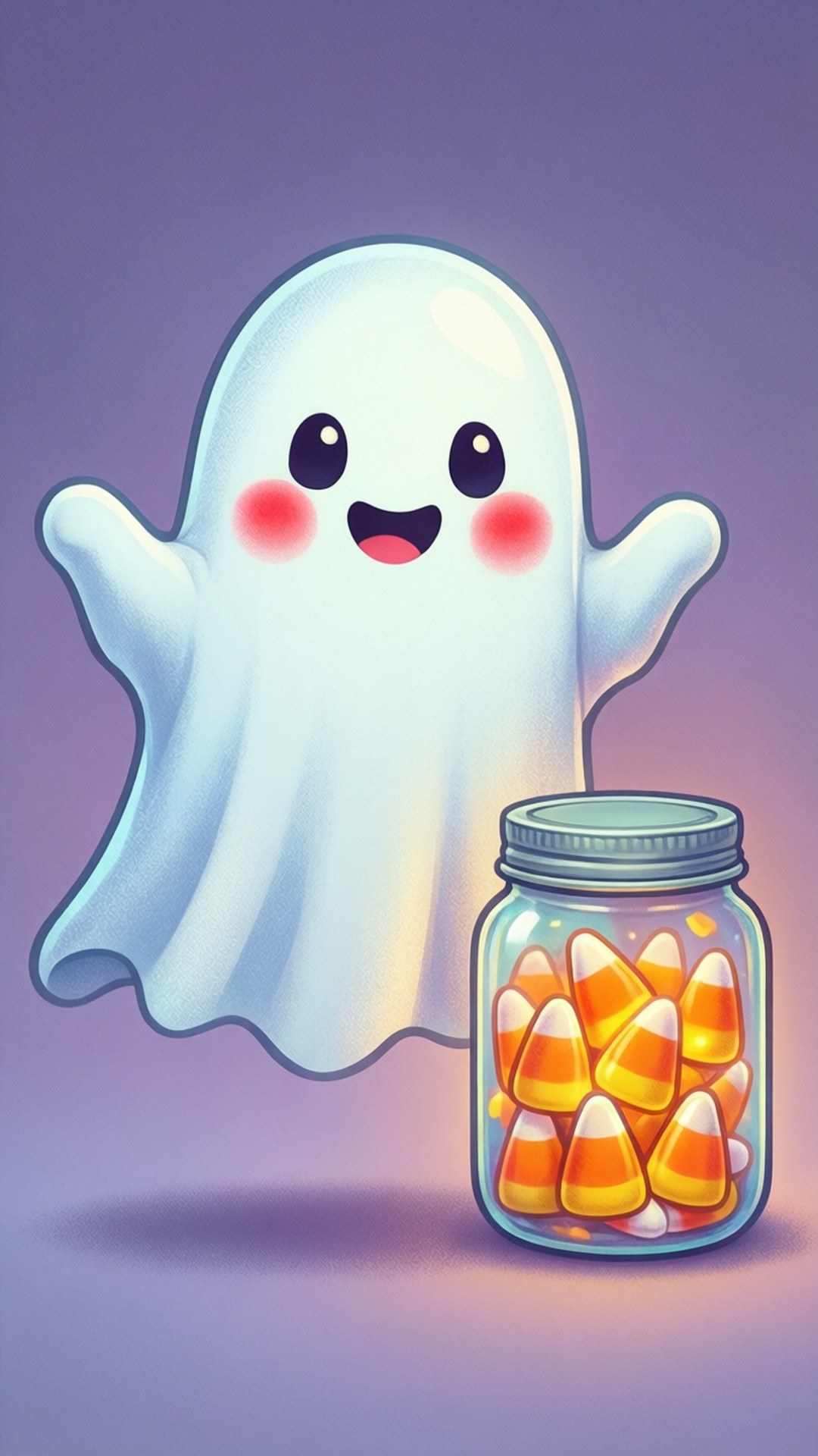 Friendly Ghost with Candy 壁紙 — 一個開心的卡通鬼魂，臉頰紅潤，微笑著站在一個裝滿糖果玉米的玻璃罐旁邊，背景是柔和的紫色漸變。