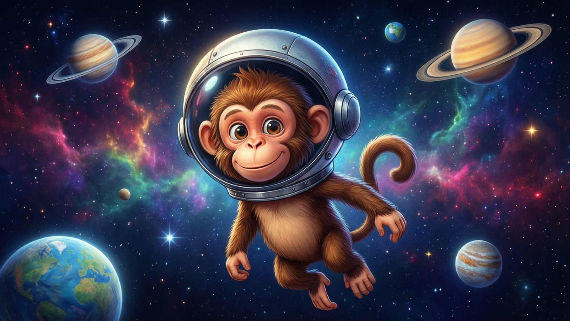 Space Monkey 壁紙 — 一隻戴著銀色太空頭盔的開心卡通猴子在色彩繽紛的星雲和行星之間漂浮，構成充滿活力的宇宙場景。