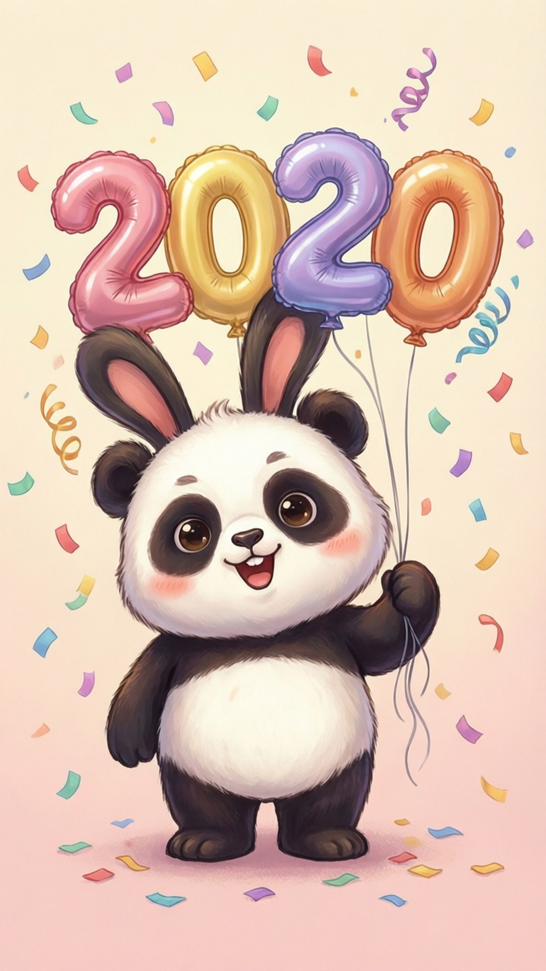 Cute Animal 2020 壁紙 — 一隻戴著兔耳的快樂卡通熊貓在柔和的粉紅色背景上，在五彩紙屑中拿著2020氣球。