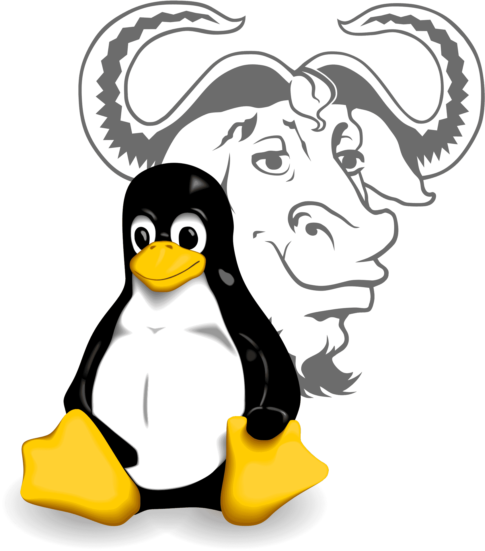 一隻卡通企鵝帶著笑臉和黃色的腳，站在灰色公羊插圖前面。 — Linux 壁紙