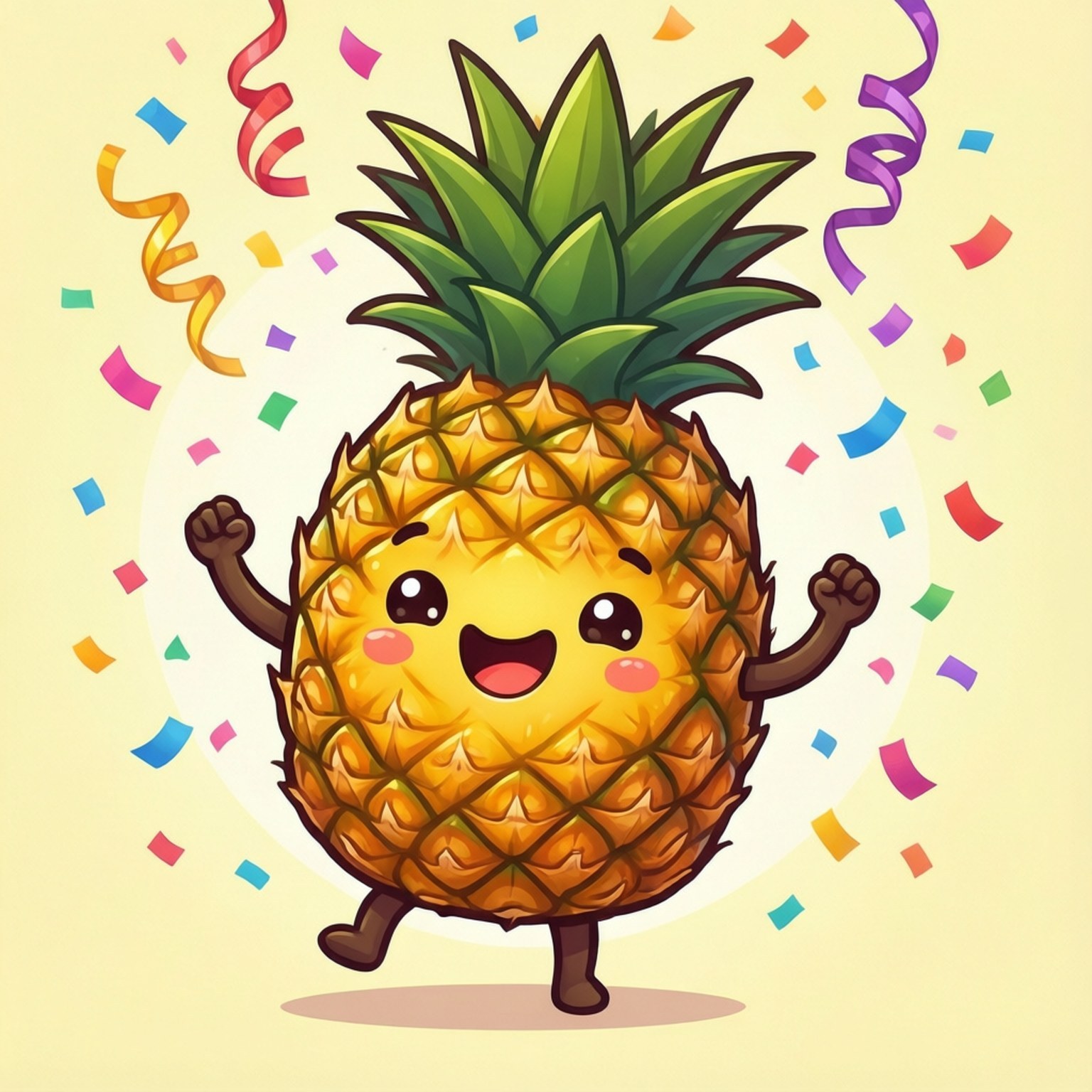 Dancing Pineapple Party 壁紙 — 一個快樂的卡通鳳梨舉起雙臂，在淡黃色背景上，於飄落的彩色紙屑中慶祝。