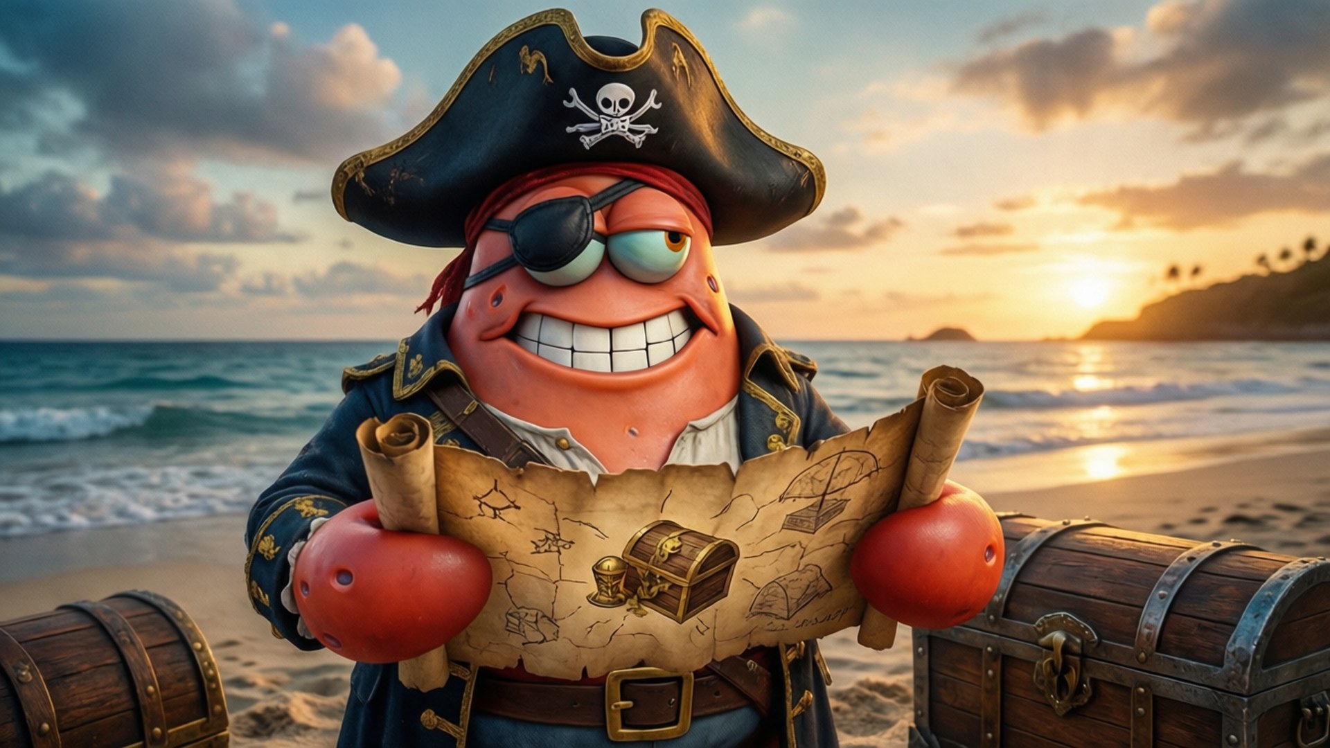 Pirate Krabs 壁紙 — 一個開心的卡通海盜，戴著骷髏帽和眼罩，在日落沙灘上拿著藏寶圖，旁邊有木箱。