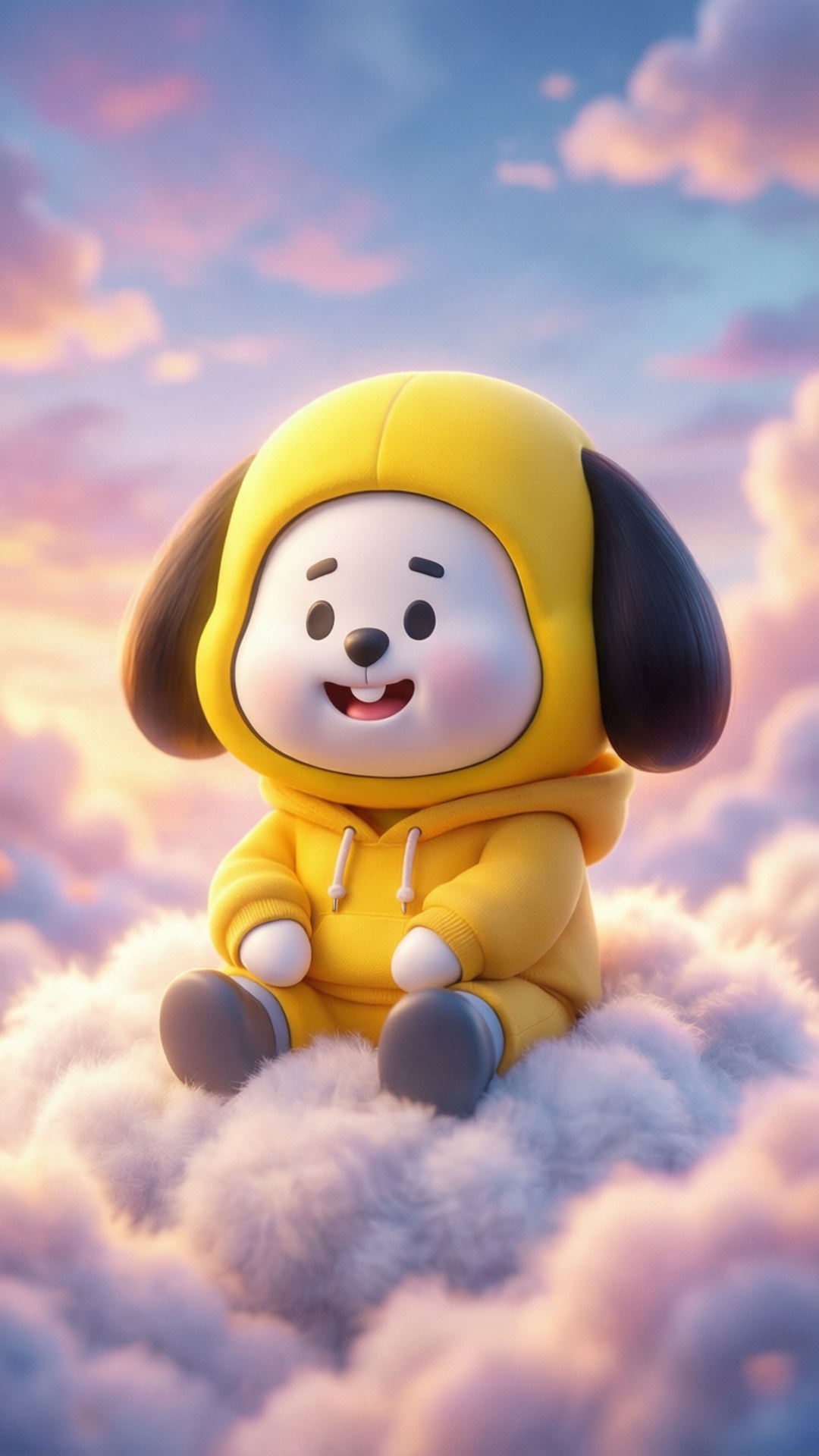 Chimmy on Dreamy Cloud 壁紙 — 一隻穿著黃色連帽衫的快樂卡通小狗坐在蓬鬆的雲朵上，背景是粉彩色的日落天空。